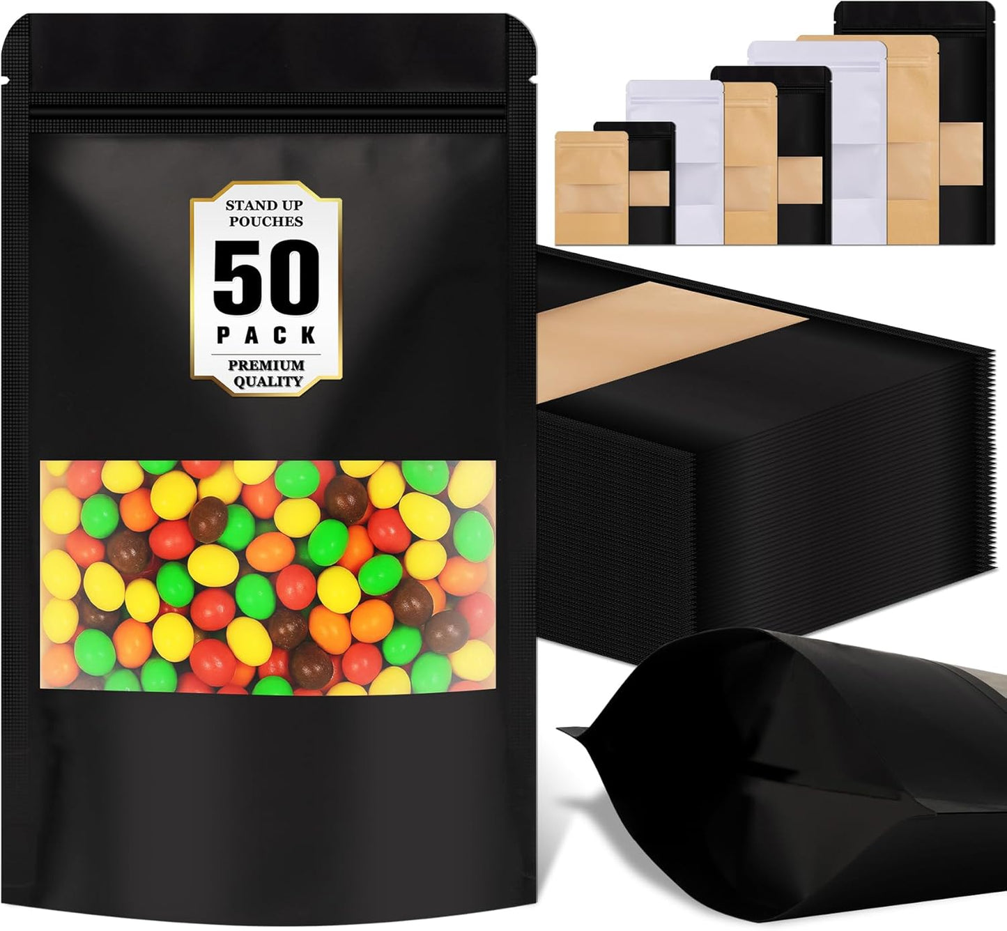 50 Pack Smell Proof Bag, Stand Up Zip Lock Bags, Cookie Bags with Seal, Resealable Pouches, Packing Bags for Cheese, Herbs, Coffee, Spice, Nuts, Soap, Bath Salts, Party Favors, Tea