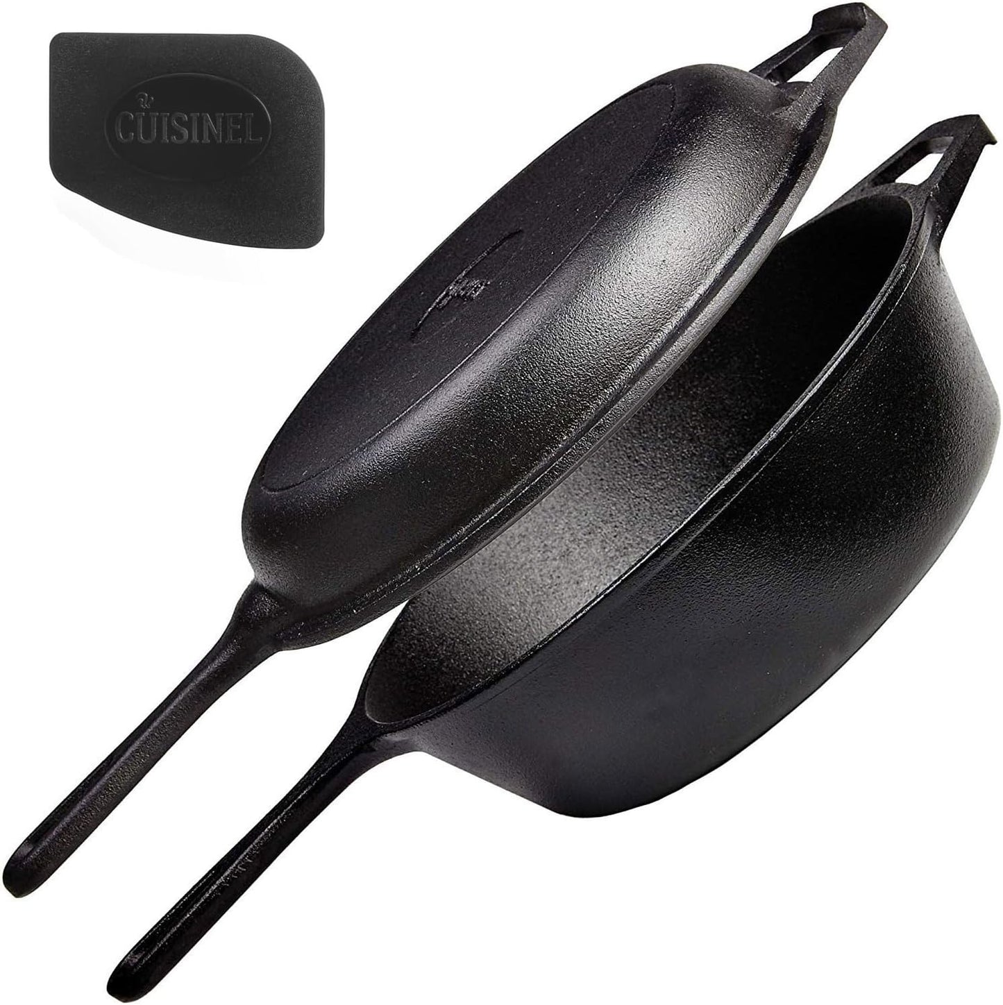 Cuisinel Cast Iron 2-In-1 Multi Cooker - 3-Quart Dutch Oven and Skillet Lid Set Oven Safe Cookware + Black Pan Scraper - Use As Dutch Oven and Frying Pan - Indoor and Outdoor Use - Grill, Stovetop