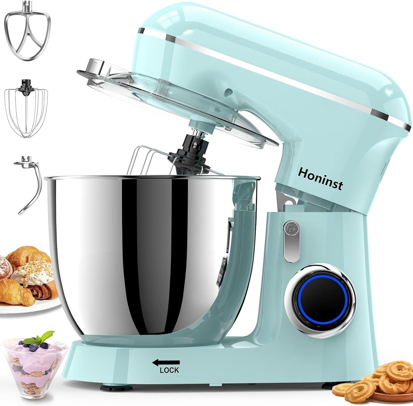 Stand Mixer, 6.5QT 10-Speed Tilt-Head Electric Stand Mixer, 3-In-1 Kitchen Mixer with Bowl, Dough Hook, Whisk and Beater, Food Mixer for Baking, Cake and Most Home Cooks, Blue