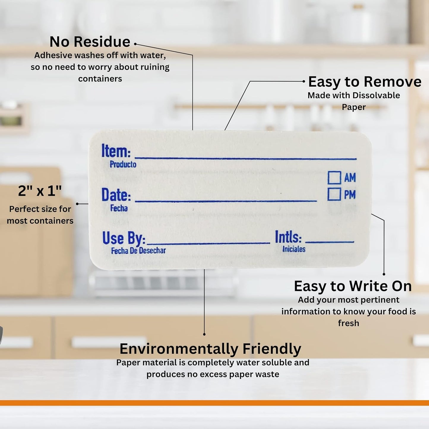 2x1 Dissolvable Labels for Food Containers (500, Blue) - Writeable, Heat-Resistant, Freezer-Safe, Bilingual Restaurant Supplies