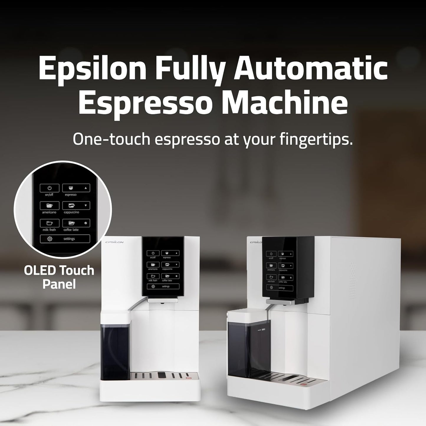 Epsilon Fully Automatic Coffee Machine, Modern One Touch Espresso Machine, Integrated Milk Frother and Custom Brewing Cafe Maker, Compact Countertop Size, Self Cleaning Cafetera (White)