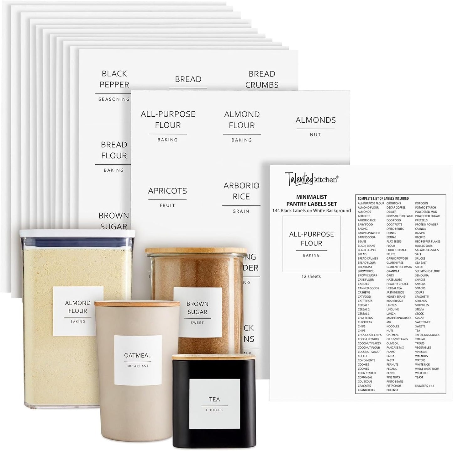 Talented Kitchen 144 Pantry Labels for Containers, Food Storage - Preprinted Black All-Caps on Matte White Vinyl Stickers for Minimalist Style Kitchen (Water Resistant)