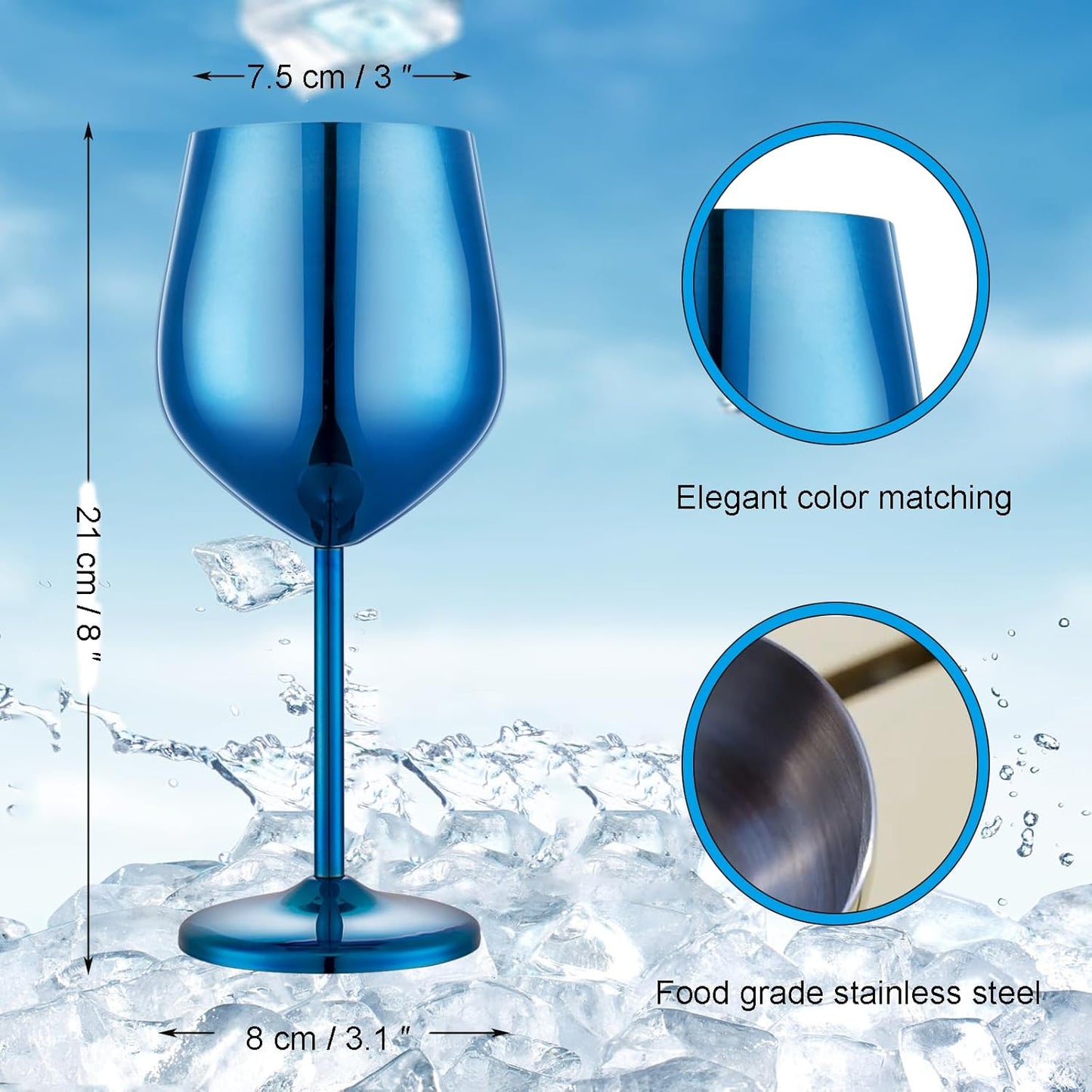 Stainless Steel Wine Glasses Set of 2, 18 oz Unbreakable Blue Wine Glass Unique Metal Wine Goblets for Outdoor Capming and Pool Gift for Wine Lovers