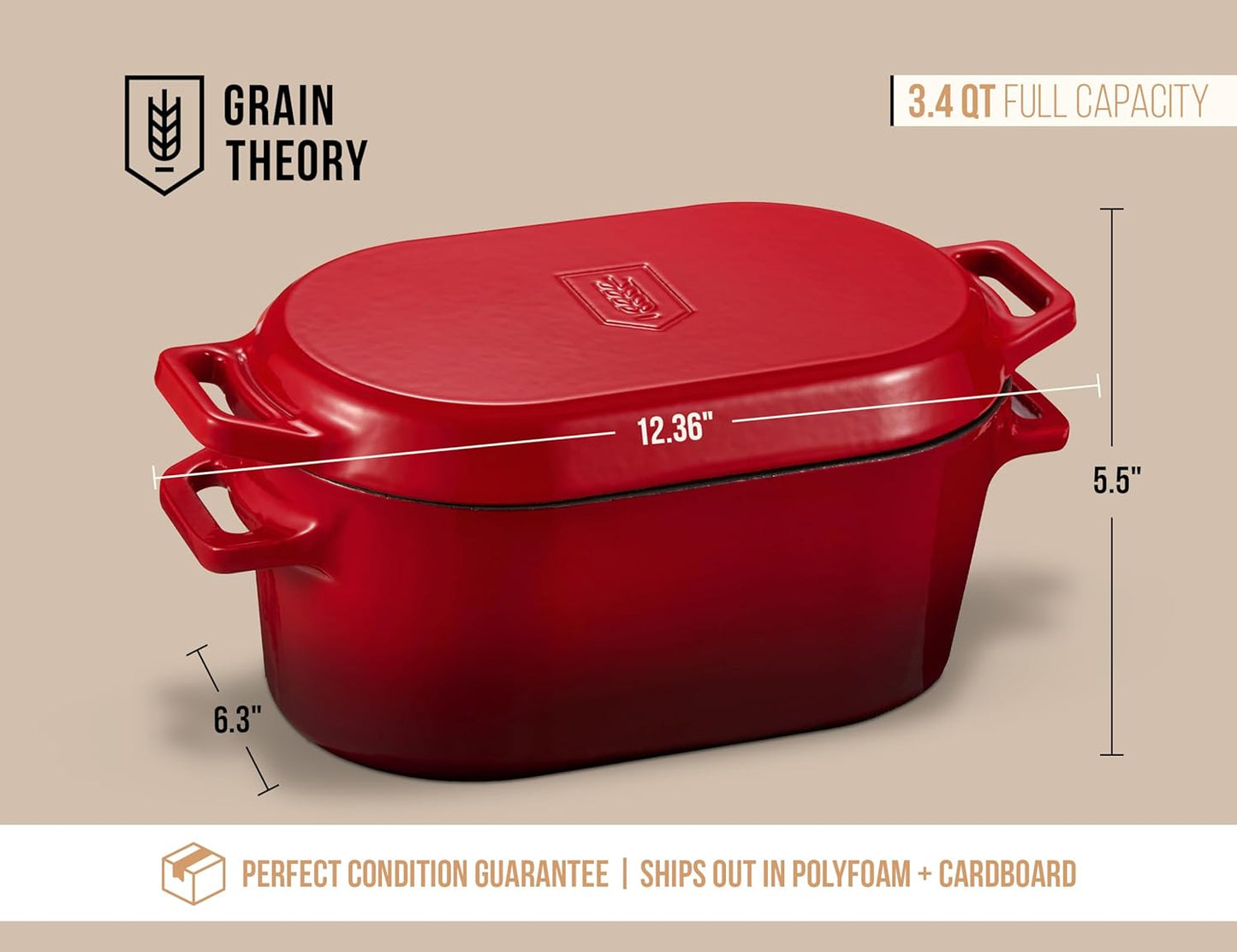 Kook Dutch Oven with Lid, Dual Handles, Enameled Cast Iron, Great for Baking Bread, Cooking and Roasting, Dishwasher Safe, 3.4 Qt, Cherry Ombre