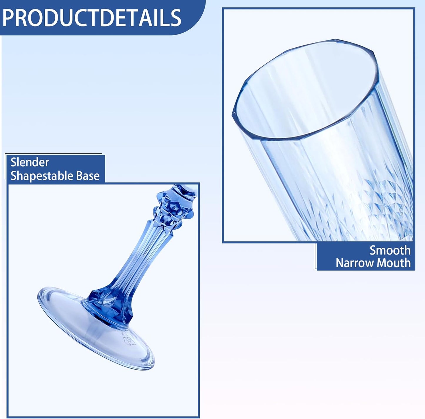 Plastic Champagne Flutes, 12PCS Blue Plastic Wine Glasses Goblets Reusable Champagne Flute for Weddings, Bachelor Parties, Toasting, and Events (12, Blue)