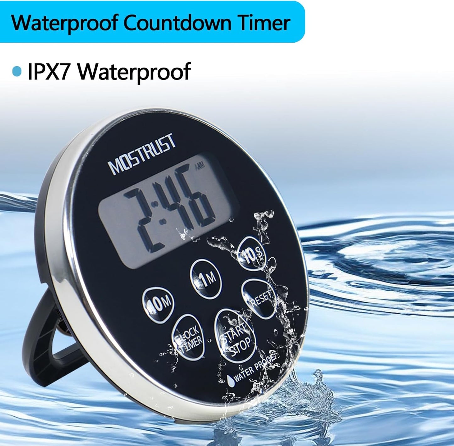 Digital Waterproof Shower Timer Clock, Bathroom Countdown Kitchen Cooking Timer with Alarm, Magnetic Back, Stand Silver Black