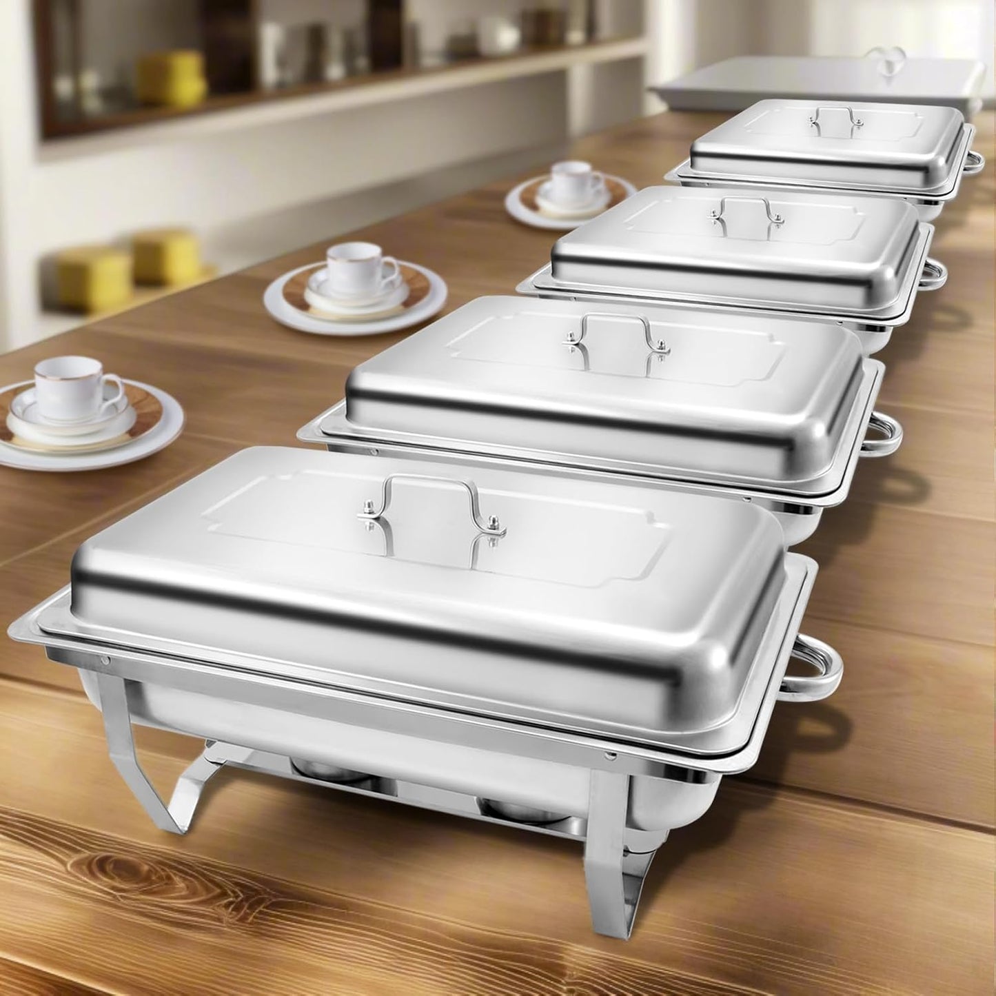 8 Qt 5 Pack Full Size Chafing Dishes Buffet Set, Silver Stainless Steel Rectangular Catering Chafer Warmer Set with Trays Pan Lid Folding Frame Stand for Kitchen Party Banquet Dining