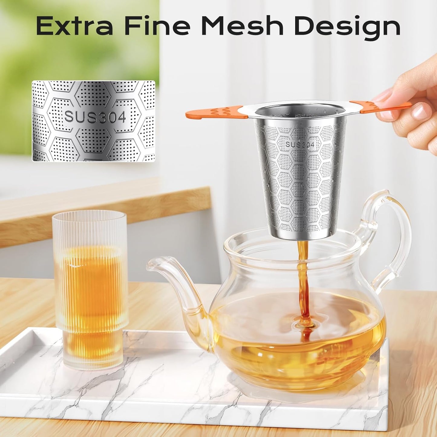 Tea Infuser for Loose Leaf Tea,18/8 Stainless Steel Tea Infuser with Heat Proof Silicone Handles,Extra Fine Mesh Tea Strainers Filter Fine Tea Leaves Effectively,Fits TeaPots/Mugs-4Pack