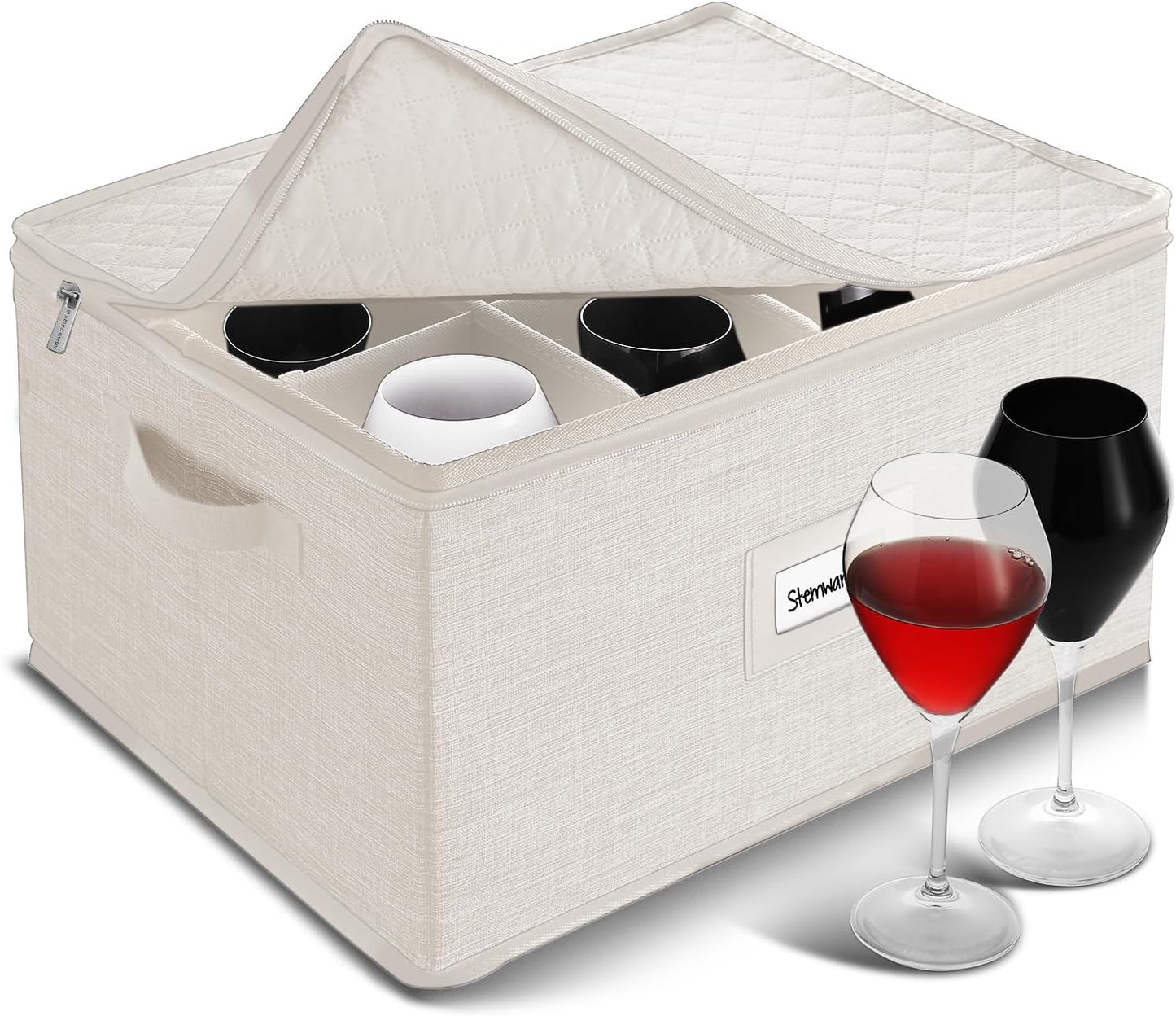 Hearth & Harbor Wine Glass Storage Box with Dividers, Quilted and Stackable Stemware Storage Cases, Service of 12 Glass China Container Hard Shell for Moving and Organization, Cream