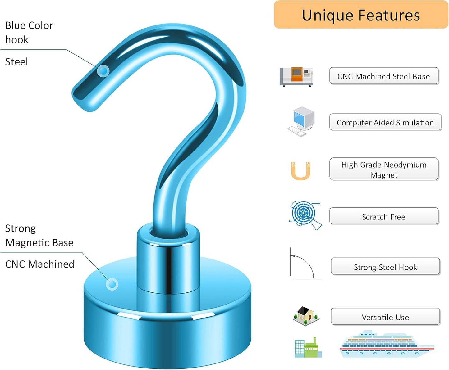 Neosmuk Magnetic Hooks, Cruise Ship Essentials, 30lb+ Heavy Duty Magnetic Hooks for Cruise Cabins, Refrigerator, Grill, Hanging, and Travel | Extra Strong Must-Haves Magnet Hook(RoyalBlue,Pack of 12)