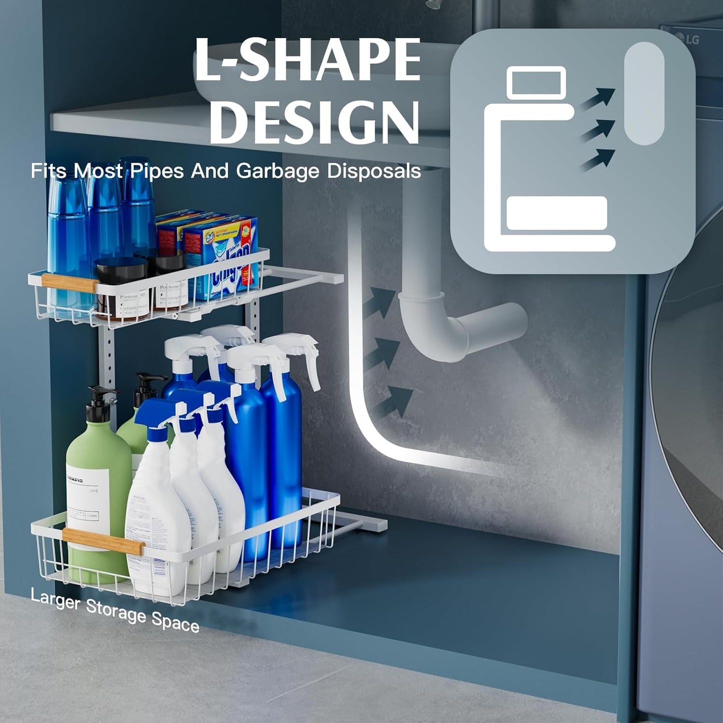 Metal Under Sink Organizers and Storage, 2 Tier Under Sink Organizer Pull Out, Adjustable Under Kitchen Sink Organizer, Sliding Cabinet Organizer for Bathroom, White