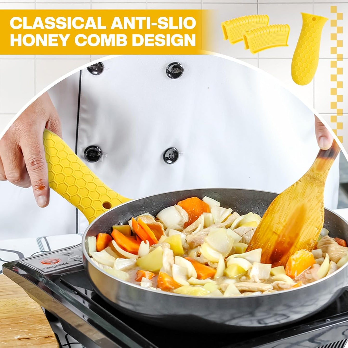 Patelai 8 Pcs Silicone Pot Holders Cast Iron Handle Cover Heat Resistant Pot Handle Covers Potholder Non Slip Reusable Pan Sleeve for Frying Pan Kitchen Supplies(Yellow)