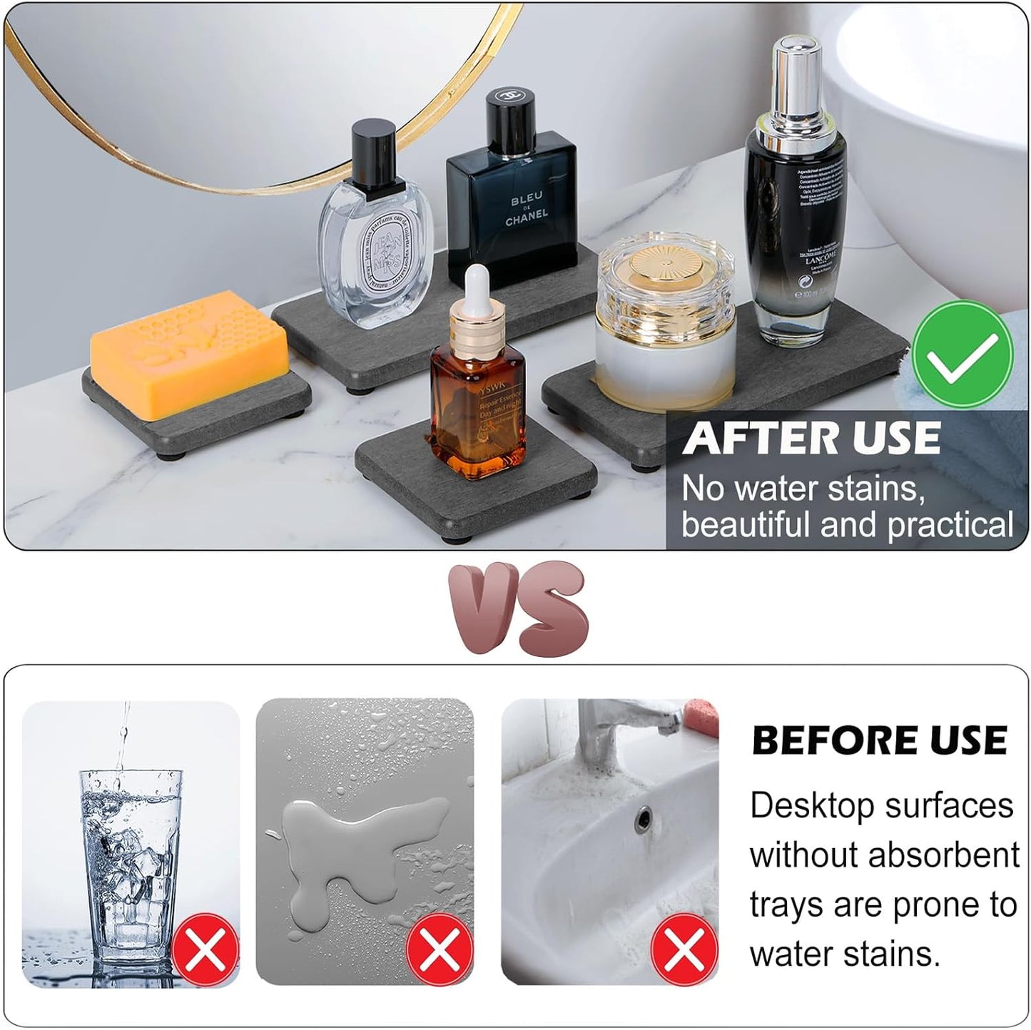 4PCS Water Absorbing Stone Tray, Quick Drying Diatomite Stone Sink Tray, Water Absorbent Diatomite Coasters Used for Hand Soap Dispenser Toothbrush Sponges Holders in Bathroom Counter and Kitchen Sink