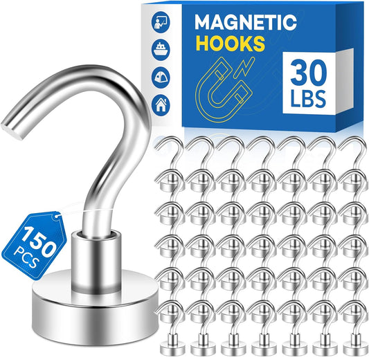 LOVIMAG Strong Magnetic Hooks, 30Lbs Magnetic Hooks Neodymium Magnets with Hooks for Refrigerator, Magnetic Cruise Hooks for Hanging, Classroom, Office, and Kitchen - Pack of 150