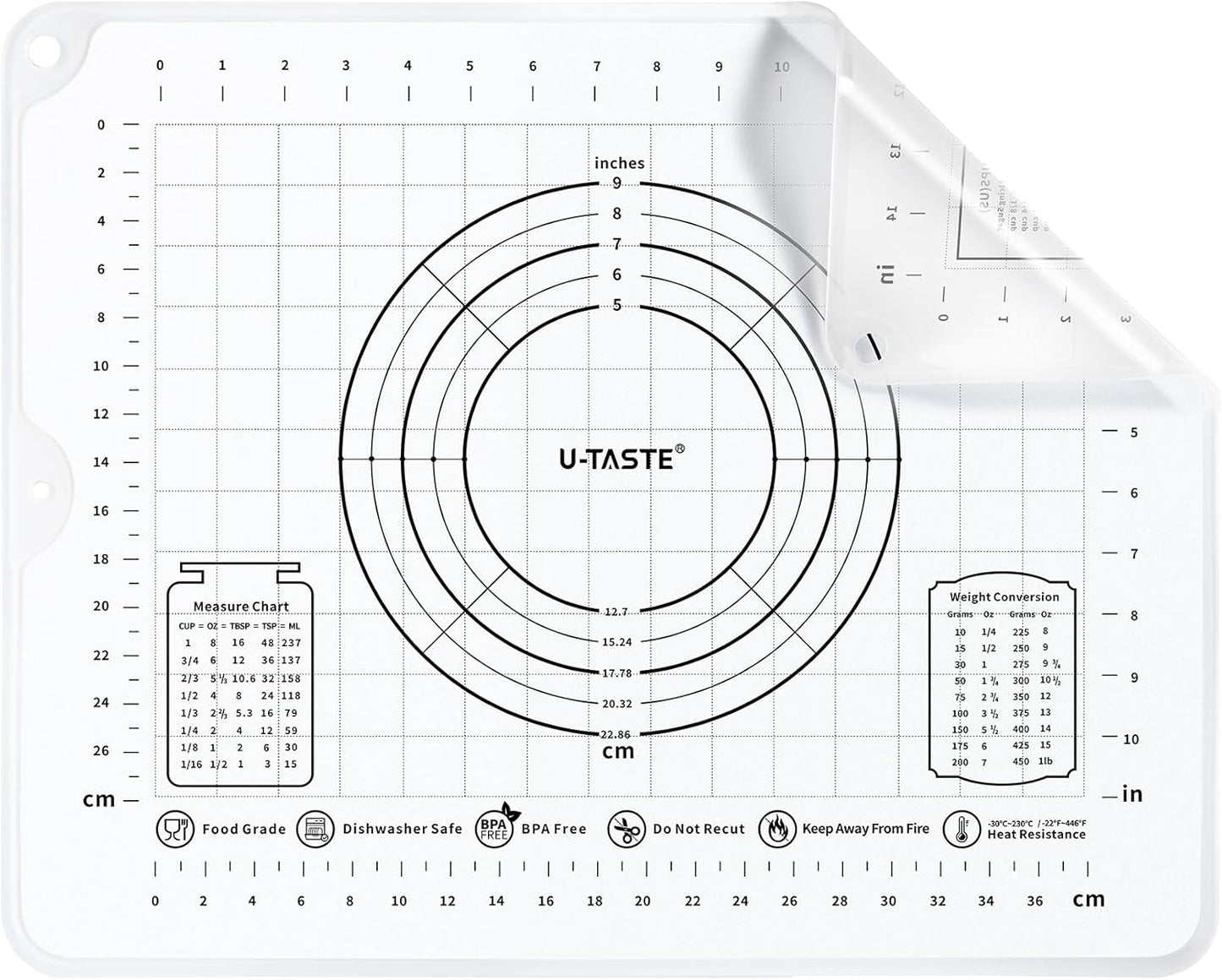 U-Taste Liquid Silicone Pastry Mat: 16"x20" Food-Grade Non-Stick Dough Rolling Baking Sheet, Non Slip for Kneading Prep Pizza, Fondant, Pie Crust with Clear Measurement and Raised Edges (Transparent)