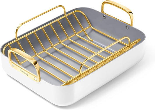 Caraway Roasting Pan - 16x13” Roasting Pan with Rack - Non-Stick Ceramic Coated - Non Toxic, PTFE & PFOA Free - Oven Safe & Compatible with All Stovetops - White