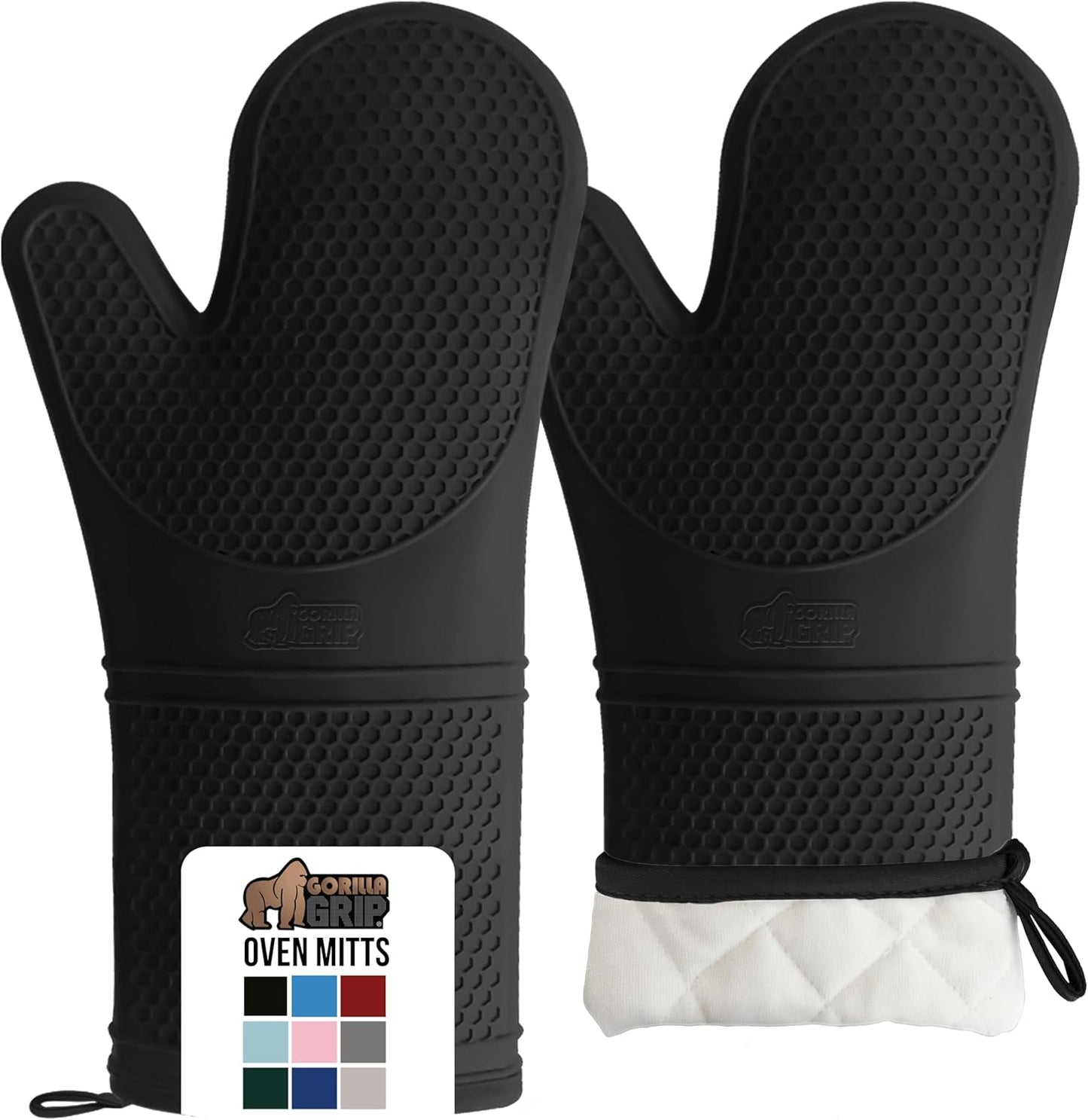 GORILLA GRIP BPA-Free Soft Silicone Oven Mitts, 14.5x8.3, Heat Resistant and Waterproof Cooking Gloves, Thick Cotton Lining, Flexible Gripping for Baking Grilling, Kitchen Potholders Set of 2, Black