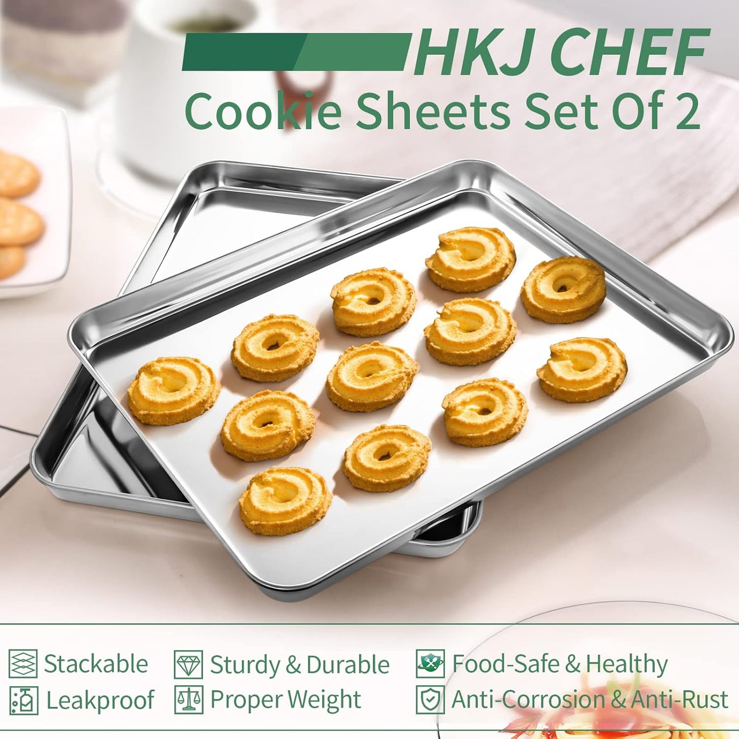 Baking Sheets Set of 2, HKJ Chef Cookie Sheets 2 Pieces Stainless Steel Baking Pans & Toaster Oven Tray Pans, Rectangle Size 9L x 7W x 1H inch & Non Toxic & Healthy & Easy Clean