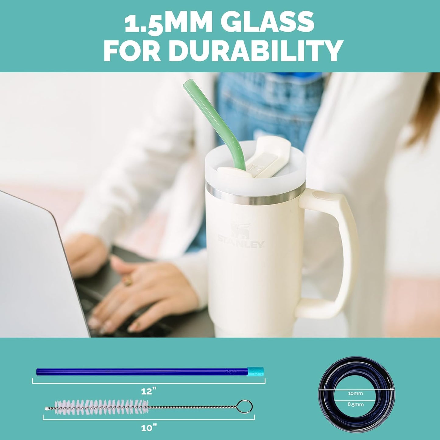 Simply Straws 12 Inch Glass Straws Straight (6-Pack) – Reusable Glass Straws for Stanley 40 Oz Tumbler, with Cleaning Brush – Durable, Dishwasher Safe, Hot & Cold Use, BPA-Free (Pearl)