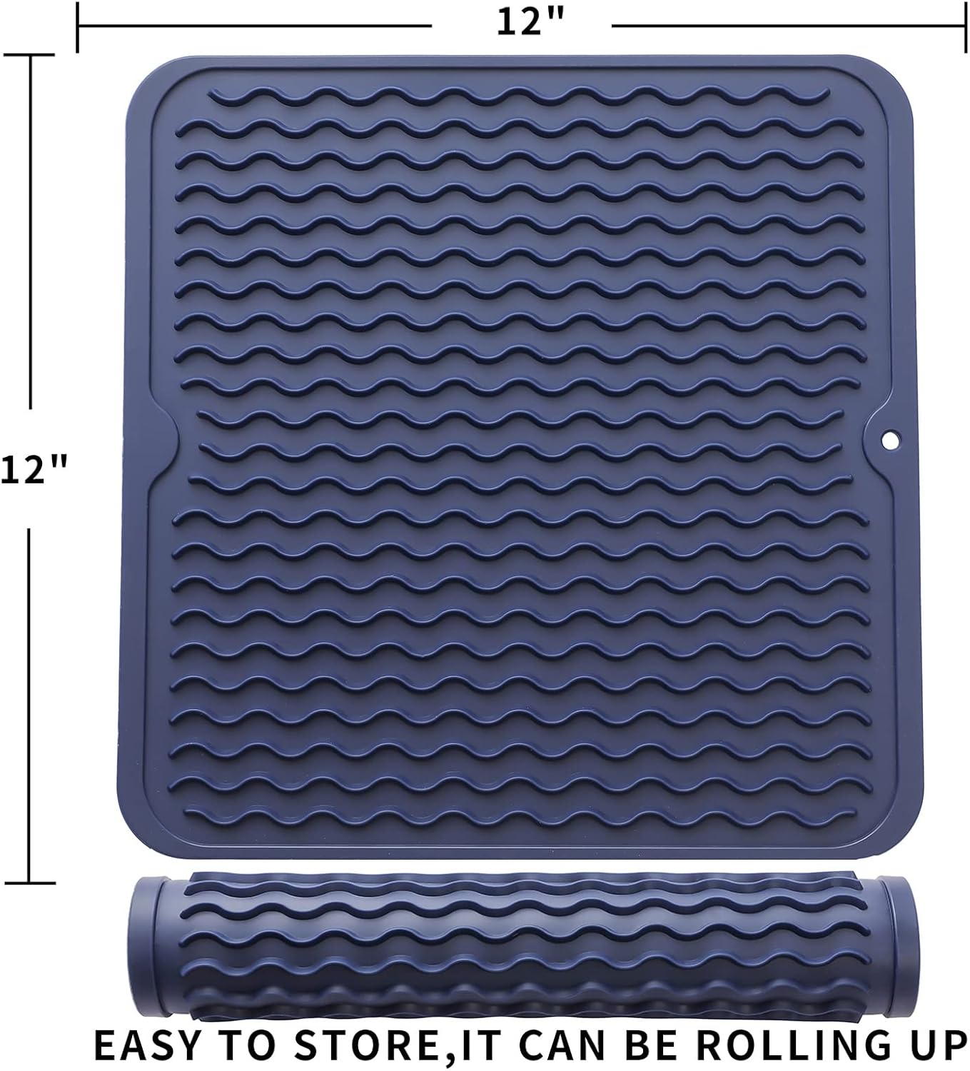 Silicone Dish Drying Mat for Multiple Usage,Easy clean,Eco-friendly,Heat-resistant Silicone Mat for Kitchen Counter or Sink,Refrigerator or Drawer liner Navy Blue M 12 inches x 12 inches
