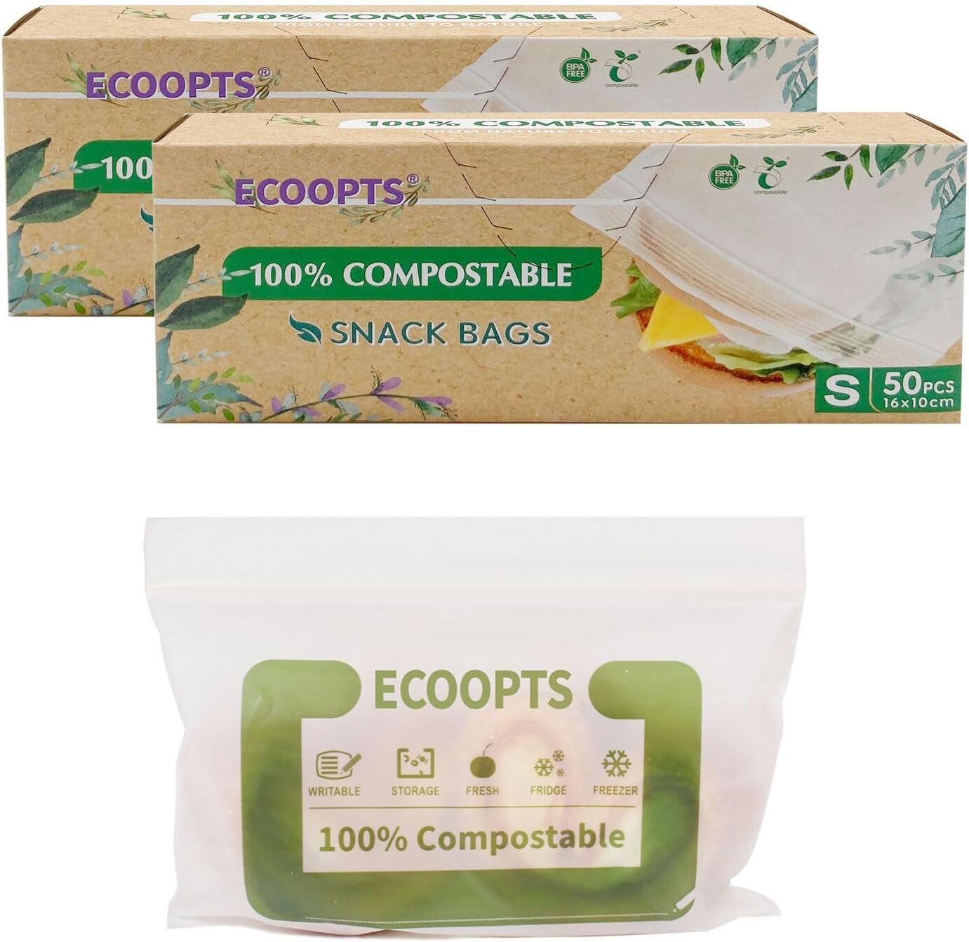 100% Compostable Snack Zip Bag | ECO-Friendly Small Storage Bags | Freezer Bag | Plant-Based BPA-free | Seal well for Cookie, Chips and Snack (2, Small)