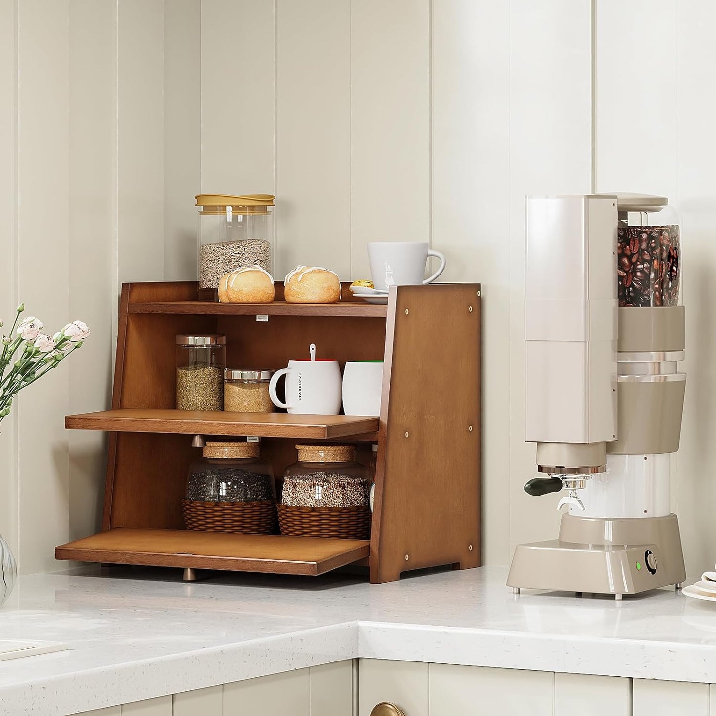 Vintage Double Layer Bread Box for Kitchen Counter Bamboo Bread Storage Container Large Capacity Bread Storage Bin