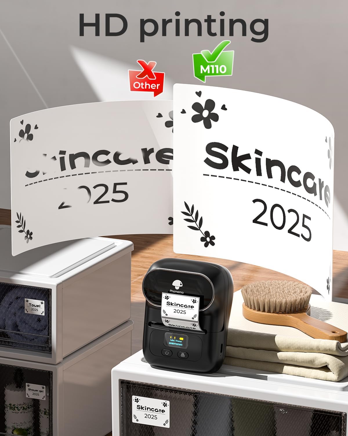 Phomemo M110 Label Maker - M110 Barcode Label Printer Portable Bluetooth Maker Machine with Tape for Name Labels, Small Business, Address, Logo, Clothing Price Tag, Mailing, with 40x30mm Label, Black