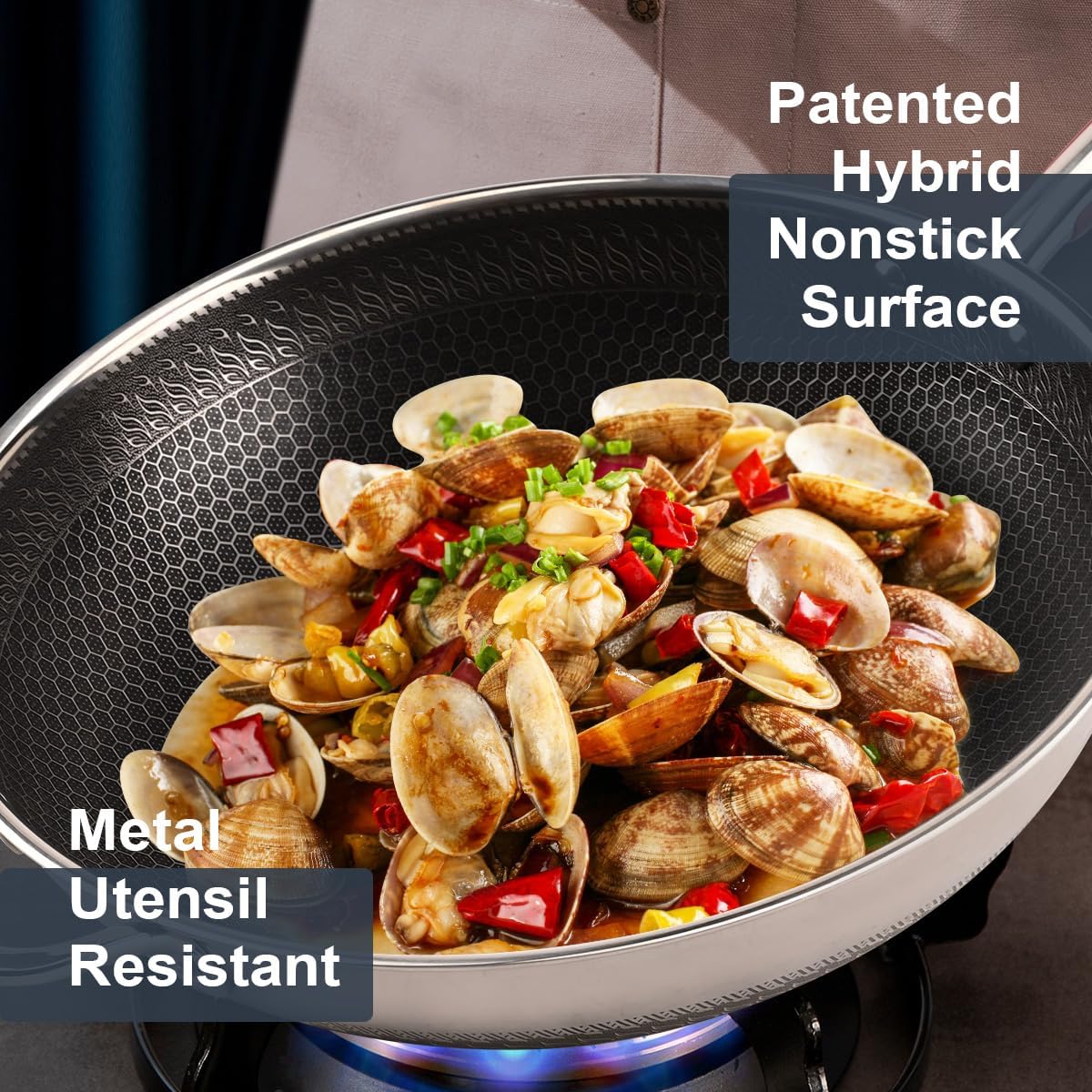 Tri-ply Stainless Steel Wok with Lid, 13.5'' PFOA Free Nonstick Stir Fry Pan, Induction Compatible, Dishwasher and Oven Safe, Scratch-resistant Surface