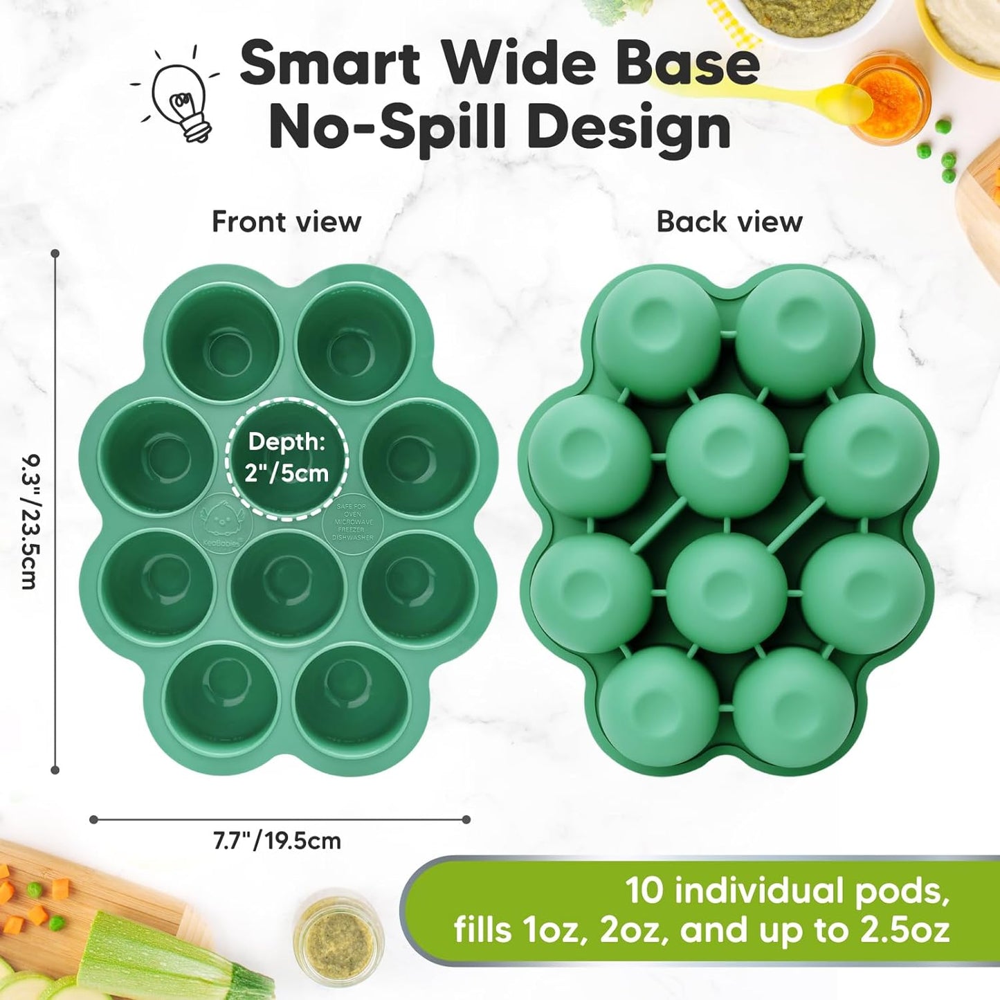 KeaBabies Silicone Food Freezer Trays with Lid, 2oz x 10 Pods Baby Food Storage Containers, Easy Puree Meal Prep, Breast Milk Silicone Freezer Molds, Dishwasher,Microwave Safe,BPA-Free(Alpine Green)