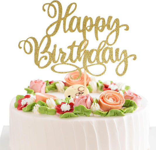 Happy Birthday Cake Toppers 9 Inch Glitter Happy Birthday Cake Pick for Birthday Anniversary Theme Party Cake Decorations Supplies - Champagne Gold