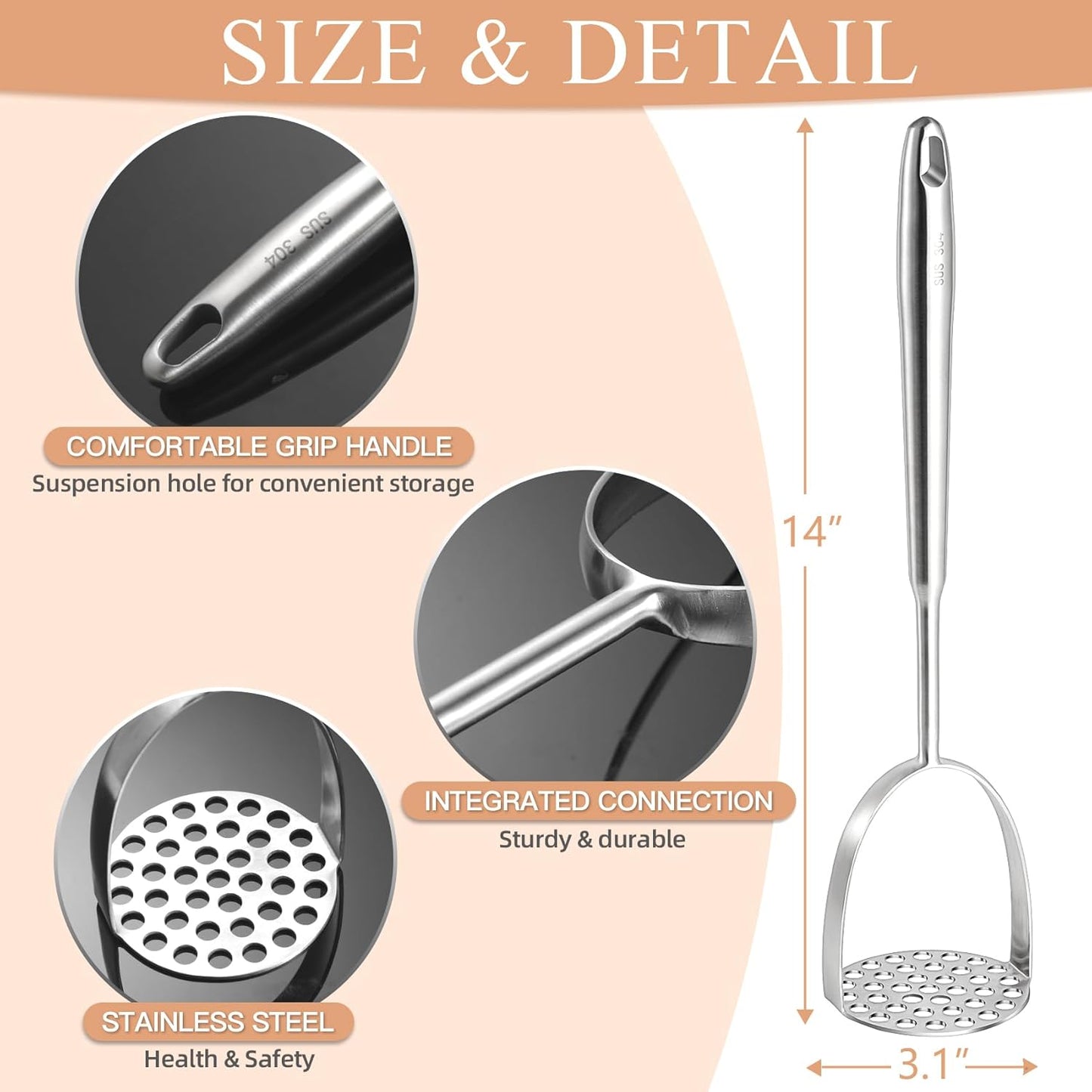 Heavy Duty Mashed Potatoe Masher, Professional Integrated Stainless Steel Potato Masher, Food Masher for Avocado, Potatoes, Beans, Meat, Vegetables, Dishwasher Safe (Heavy Duty stainless steel Masher)