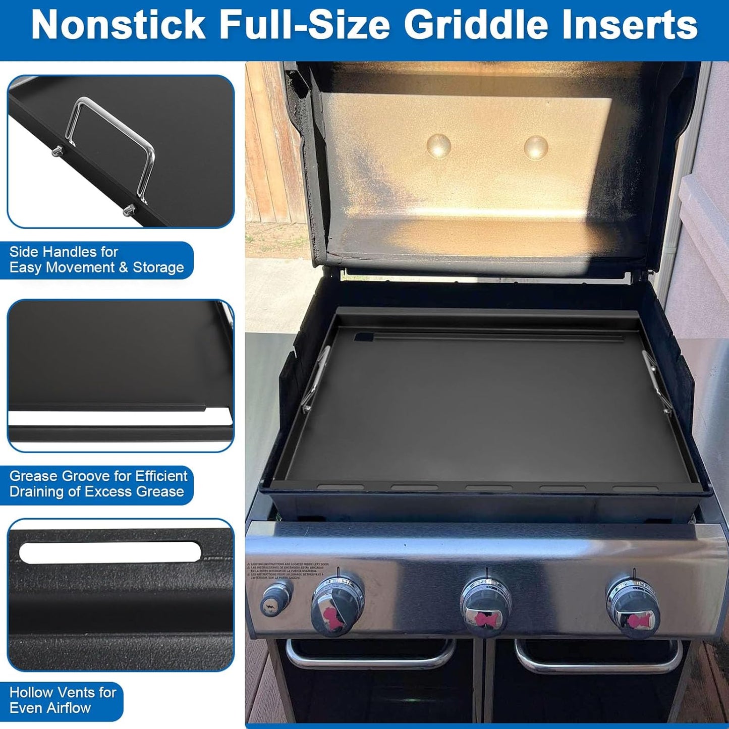 Full-Size Griddle Inserts for Weber Genesis 300 Gas Grills Flat Top Plate with Handles for Genesis E-310 S-310 E-320 S-320 E-330 S-330 EP-310 EP-320 EP-330 CEP-310 Replace for Weber 7524