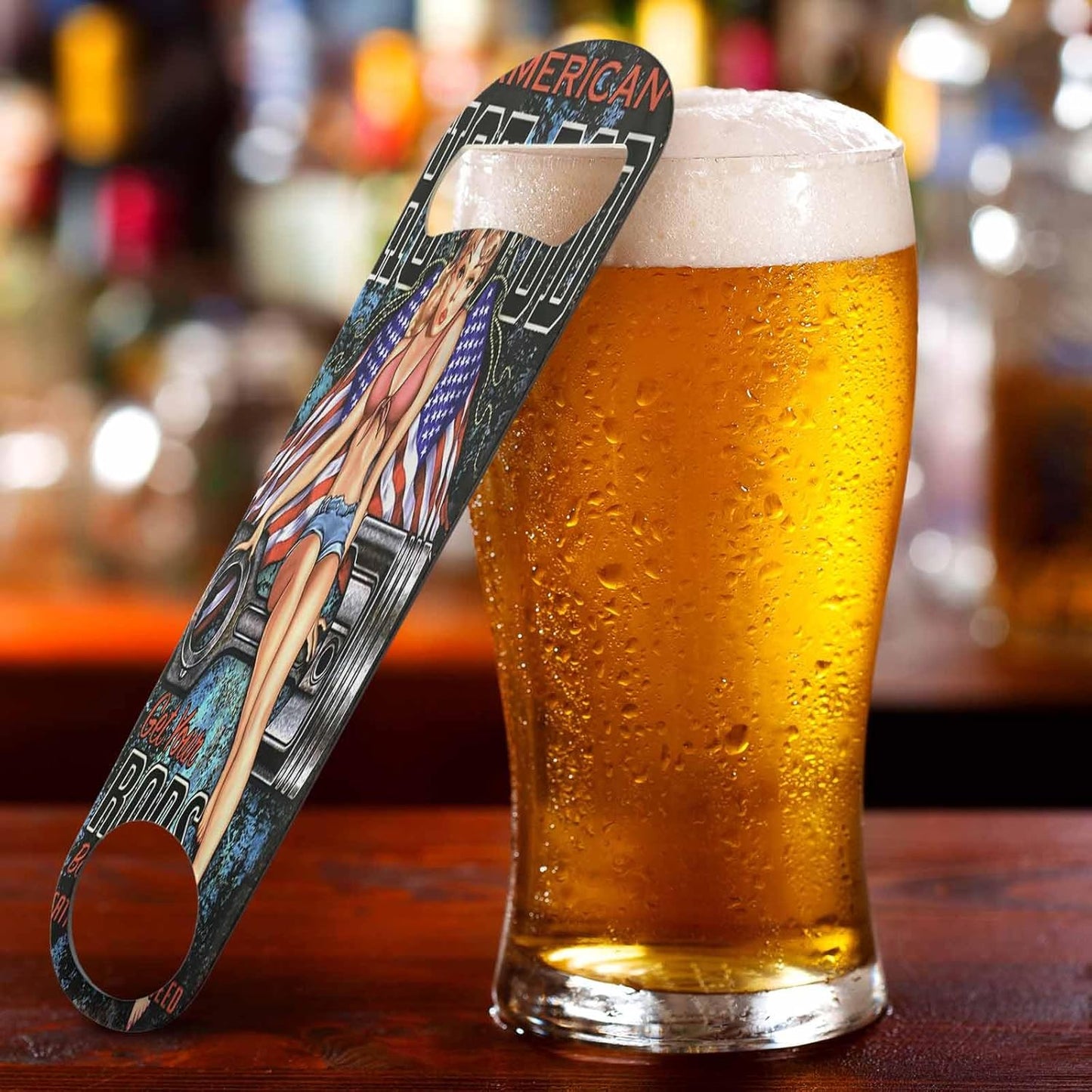 Hot Rod Pin Up Girl Stainless Steel Bottle Opener Young Sexy Woman Sit on Rods with American Flag Flat Beer Bottle Opener Keychain for Home Kitchen Bar Restaurant Party Birthday Gift