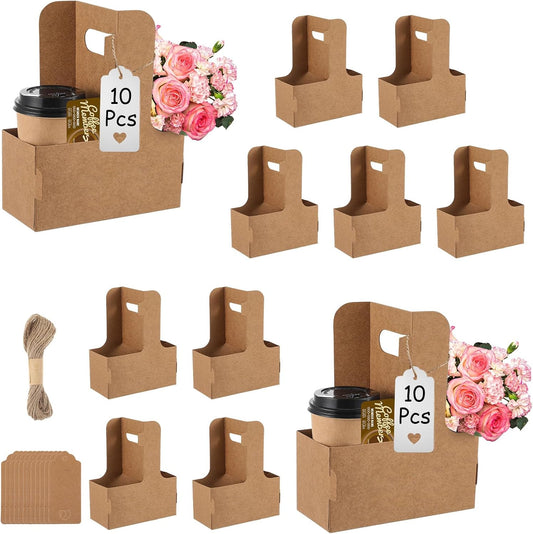 10 Pack 2 Cup Disposable Drink Carrier with Handle Paperboard Coffee Cup Holder Portable for Hot Cold Drinks Food Delivery Services with Heart Card for Teacher Appreciation Week Mother's Day