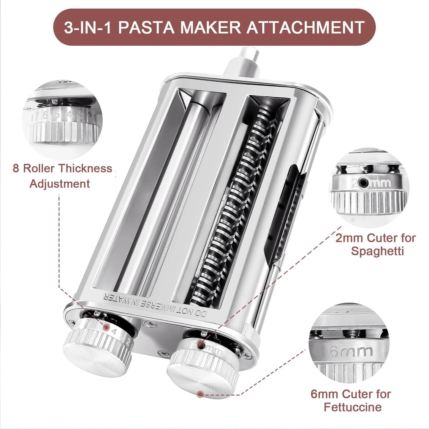 Pasta Maker for Kitchenaid Attachments, 3 in 1 Stainless Steel Pasta Attachment for Kitchenaid Stand Mixer, Included Pasta Roller, Spaghetti&Fettuccine Cutter, 1 Metal Knob Screw Replacement