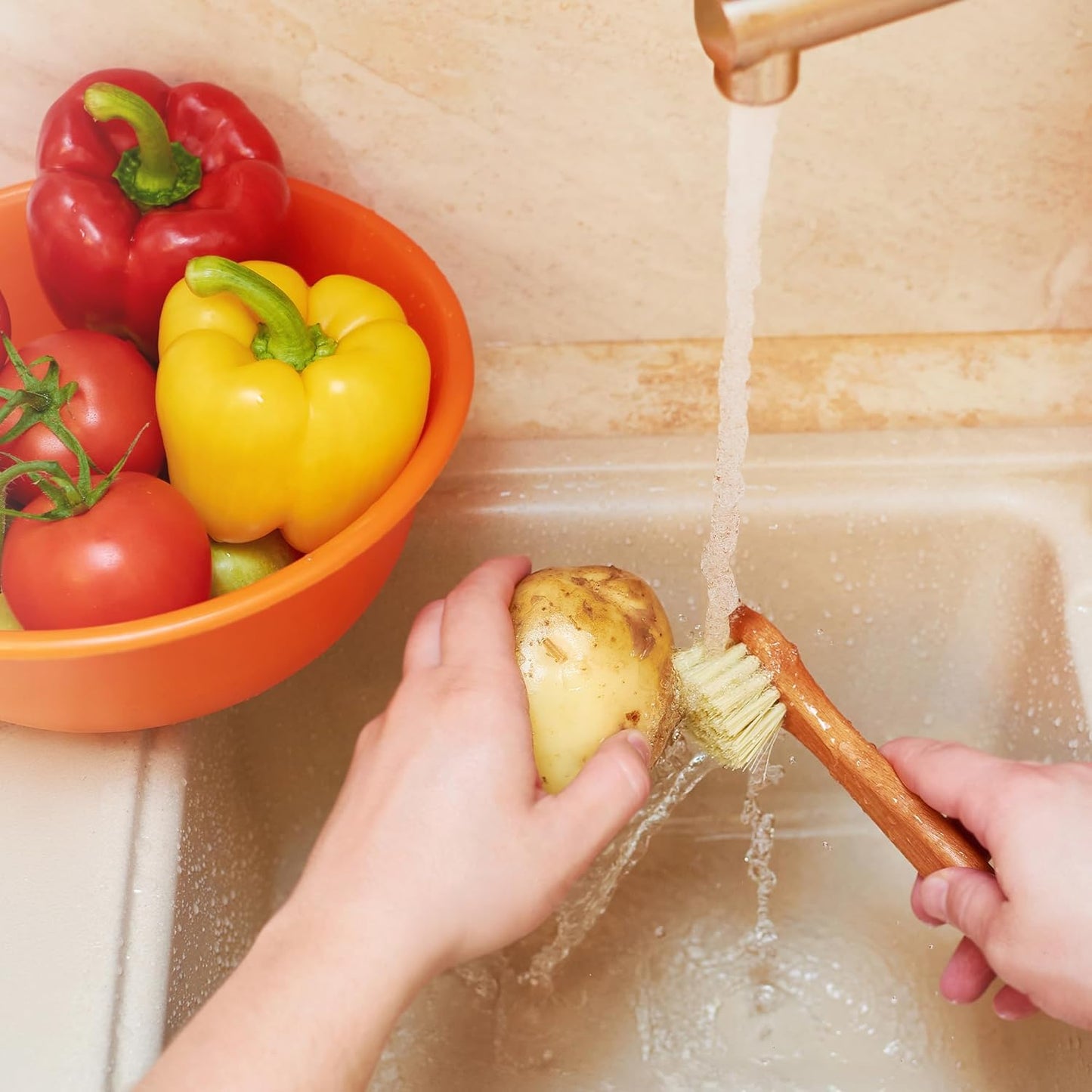 Vegetable Brush Set of 2 - Fruit and Vegetable Brush Scrubber for Food, Potato Scrubber, Mushroom Brush with Comfortable Wooden Handle, Veggie Brush for Carrots, Natural Produce Cleaning Brush