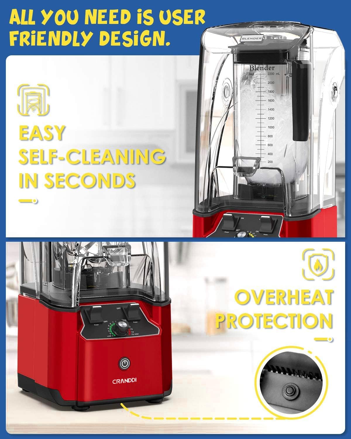 CRANDDI Quiet Commercial Blender with Soundproof Shield, 2200 Watt Professional Blenders for Kitchen with 80oz Pitcher and Self-Cleaning, High-Speed Blenders K90 Red