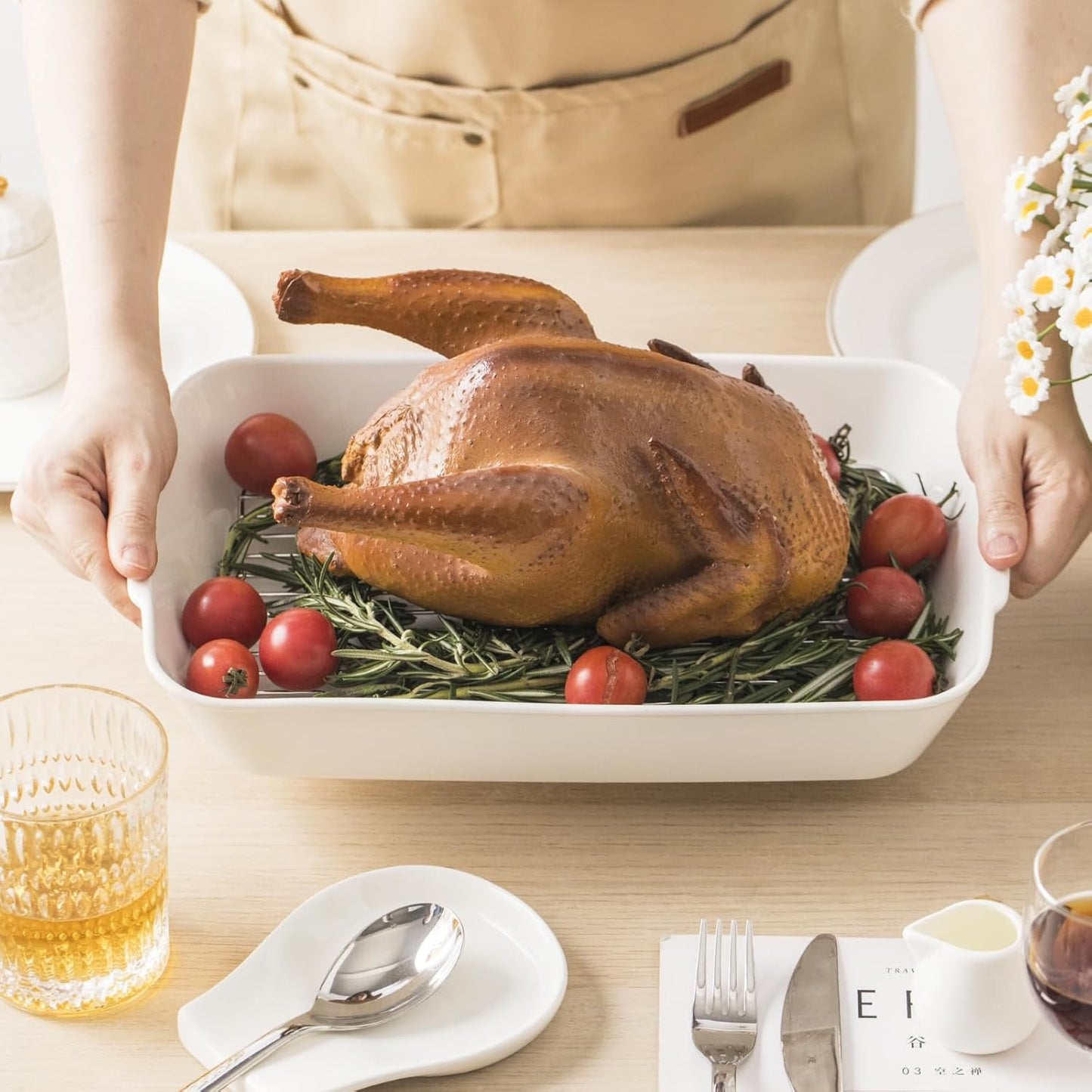 4.2 QT White Casserole Dishes for Oven, Baking dishes with Roasting Racks, Rectangular Lasagna Pan with Handles for Baking, Ceramic Baking Pan, Microwave Oven Safe