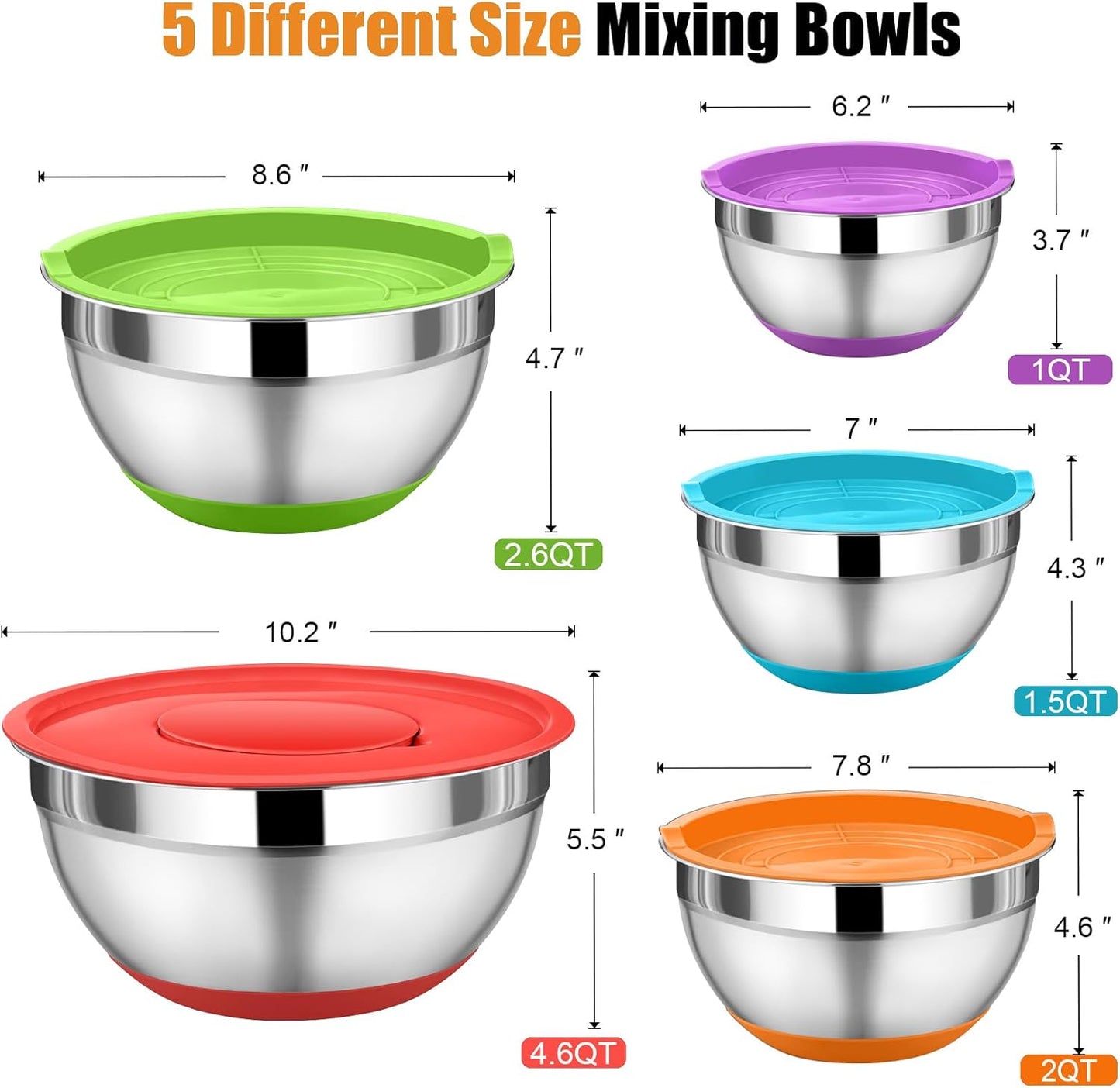 P&P CHEF Mixing Bowl with Lid Set, 5 Piece Stainless Steel Mixing Nesting Bowls for Salad Storage, 3 Grater Attachments & Non-Slip Bottoms, Size 1/1.5/2 / 2.6/4.6 QT, Multicolor