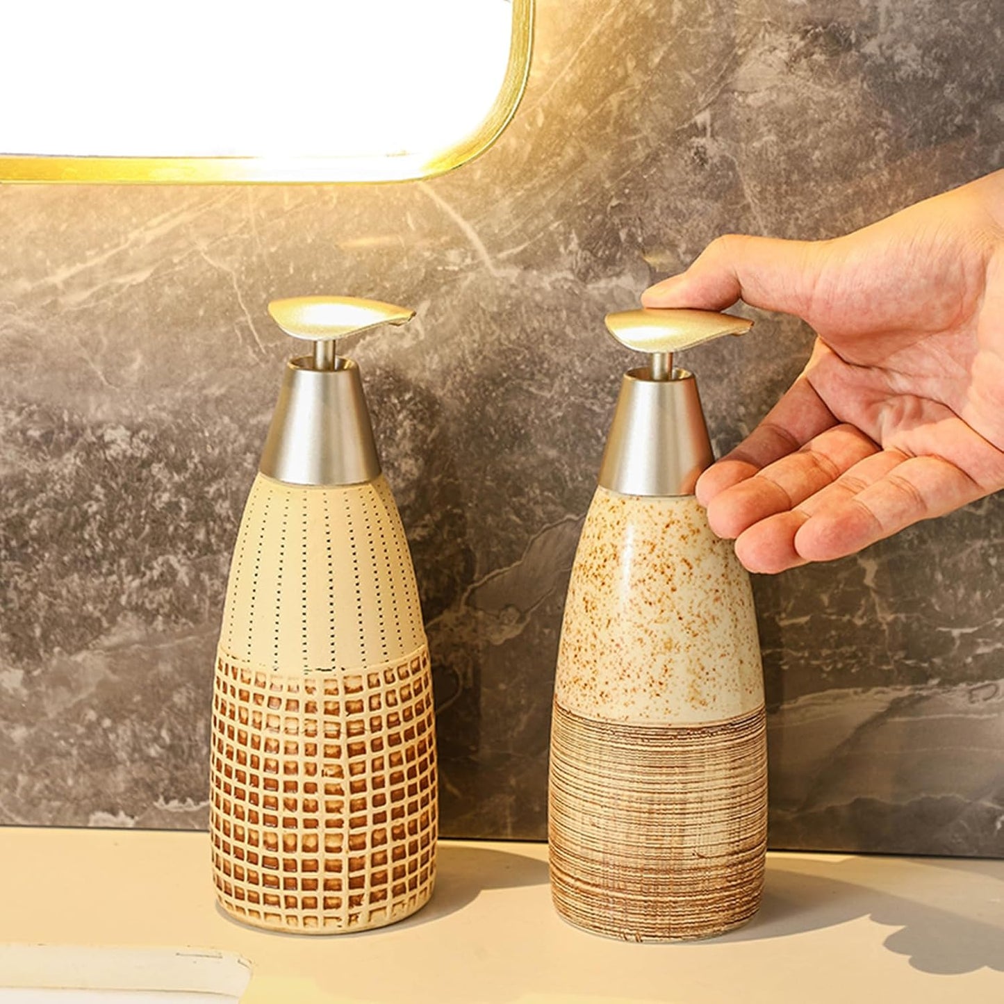 Ceramic Soap Dispenser with Plastic Pump – 12oz Refillable Liquid Dispenser for Bathroom, Kitchen, Office, Hotel, Airbnb, or Vacation Rental (Type F)