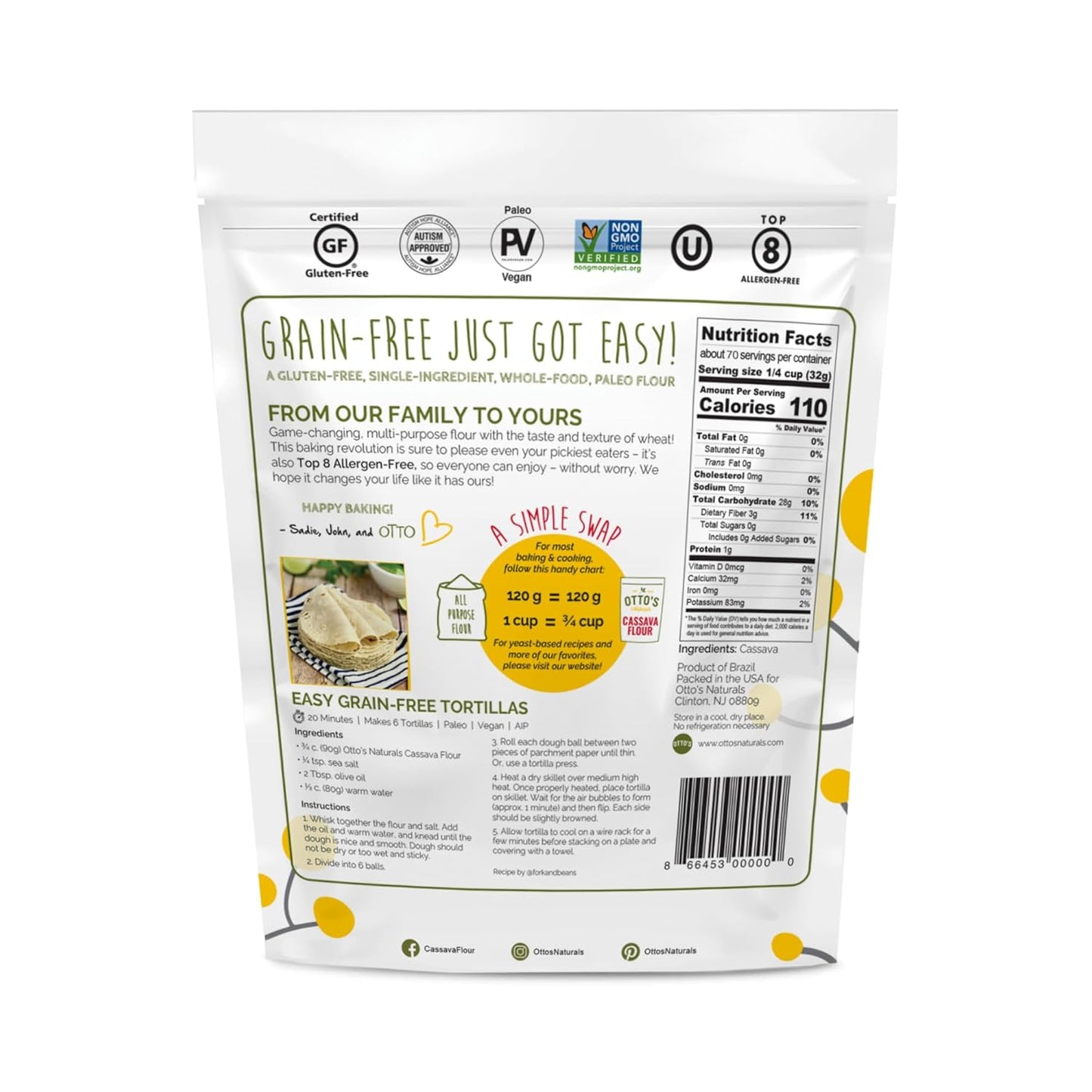 Otto's Naturals Multi-Purpose Cassava Flour, Non-GMO, Gluten-Free, Grain, Nut and Gum-Free, 1-to-1 Wheat Alternative, Paleo, AIP, 5 lb