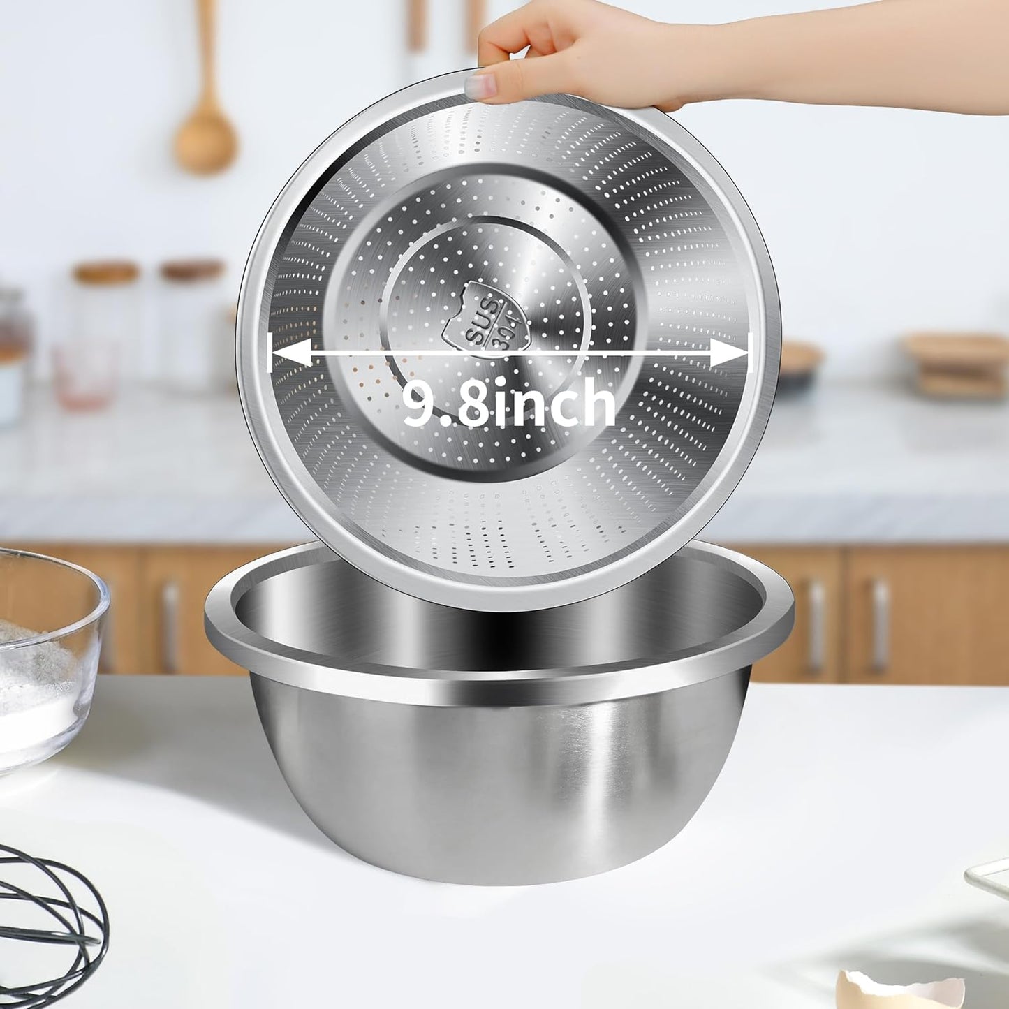 Colander 304 Stainless Steel 5-quart with Mixing Bowls, Strainer for Kitchen Food For washing vegetables, fruit, rice, Dishwasher Safe. (2PC)