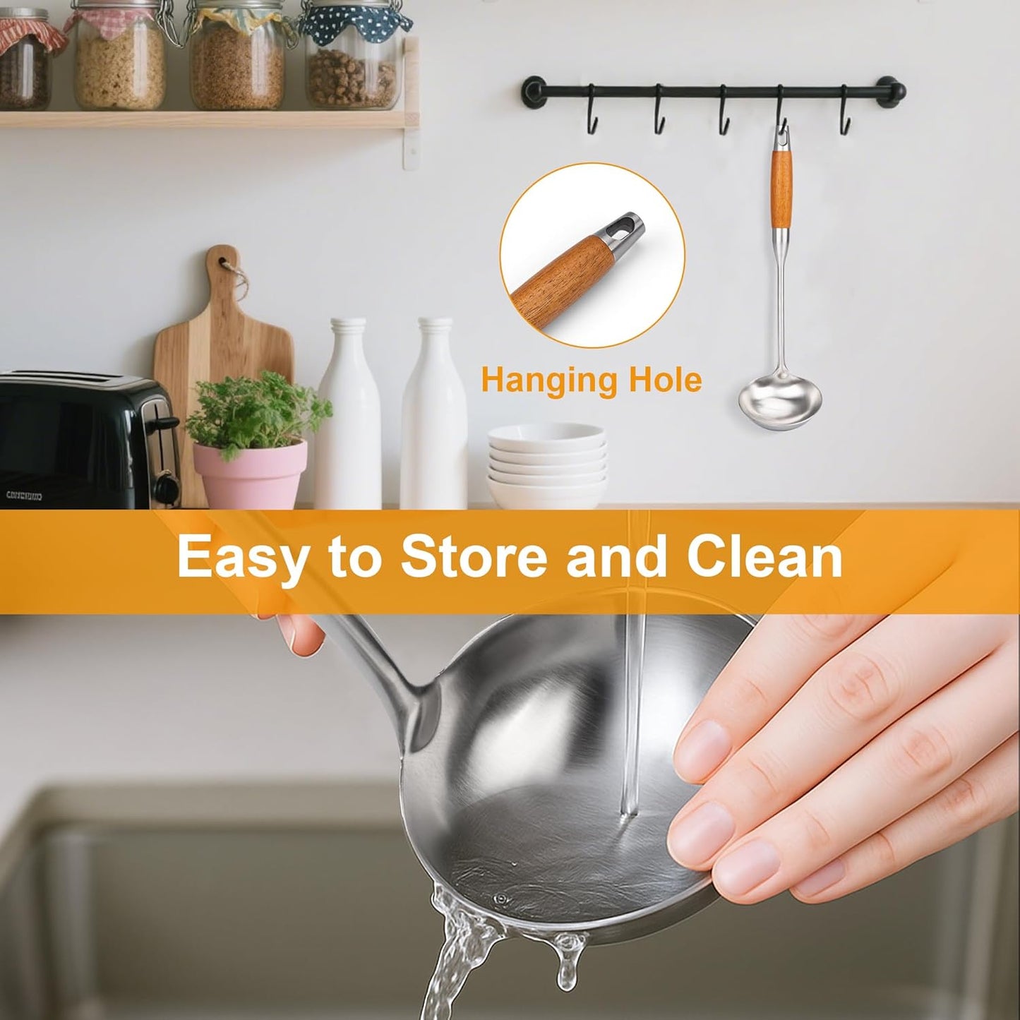 FJNATINH Soup Ladle, Stainless Steel Ladle with Heat Resistant Wooden Handle, Food Grade Metal Cooking Soup Spoon Kitchen Tools, Easy to Clean