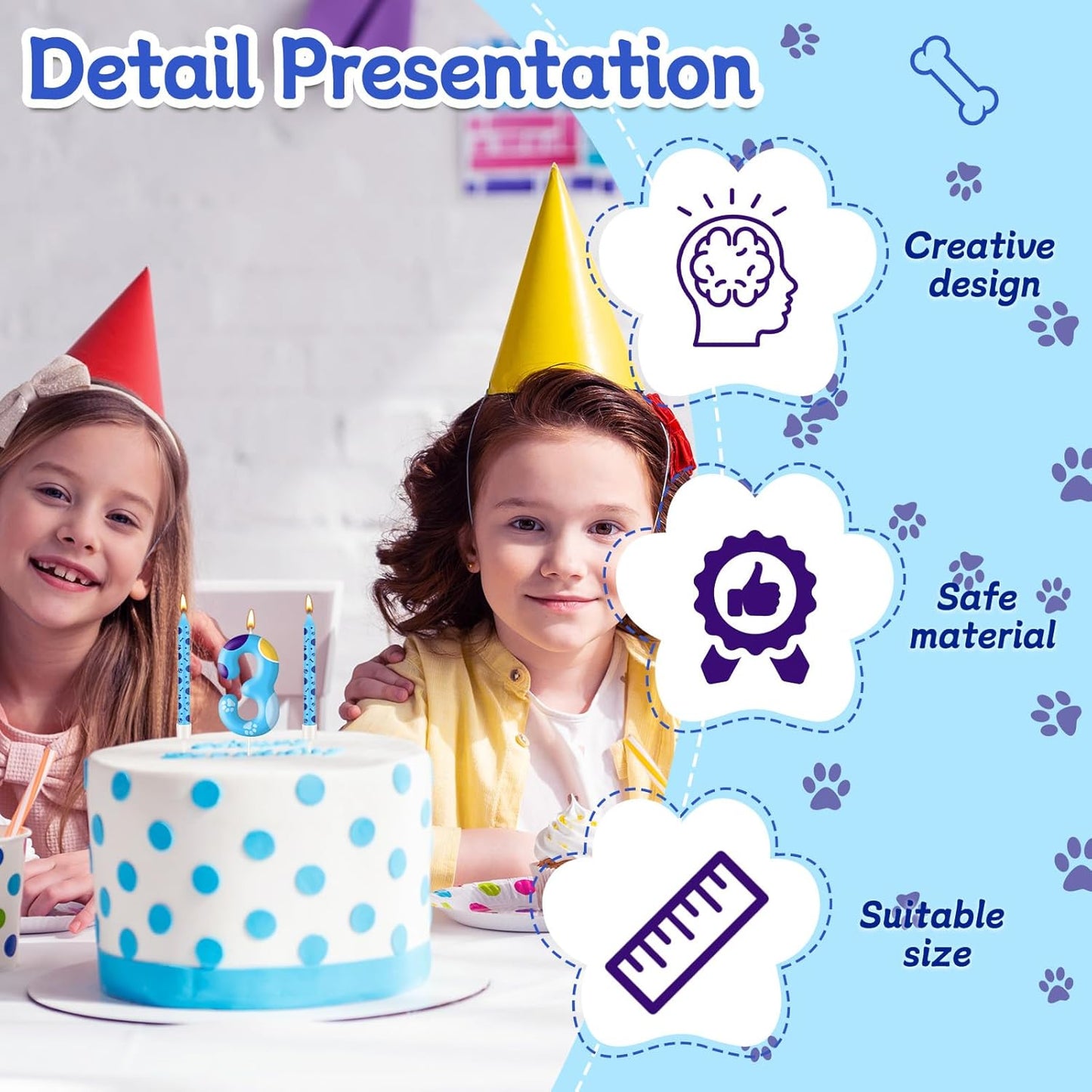 13PCS Blue Dog Paw Birthday Candles Set Cake Topper Numeral Birthday Candles for Boy Girl Dog Paw Decoration(Number 3)