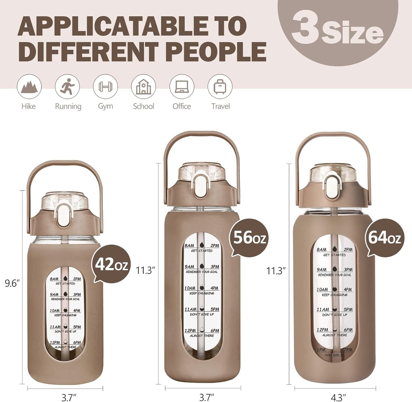 kytffu 64oz Glass Water Bottles with Straw, Half Gallon Motivational Glass Bottle with Silicone Sleeve and Time Marker, 2L Leakproof Large Glass Water Jug for Gym Home Office,Amber