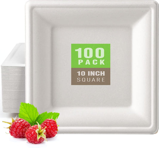 Gezond 100 Pack Compostable Square Paper Plates 10 Inch Disposable Plate Large Square Dinner Plate Biodegradable White Plates for Party