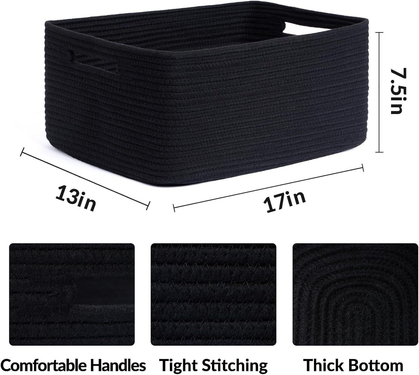 Large Storage Baskets for Shelves, Closet Organizers Bins for Clothes Blanket Towels, Baby Nursery, Toy Baskets Box, Woven Rope Baskets, 17 x 13 x 7.5”, 3 Packs Black
