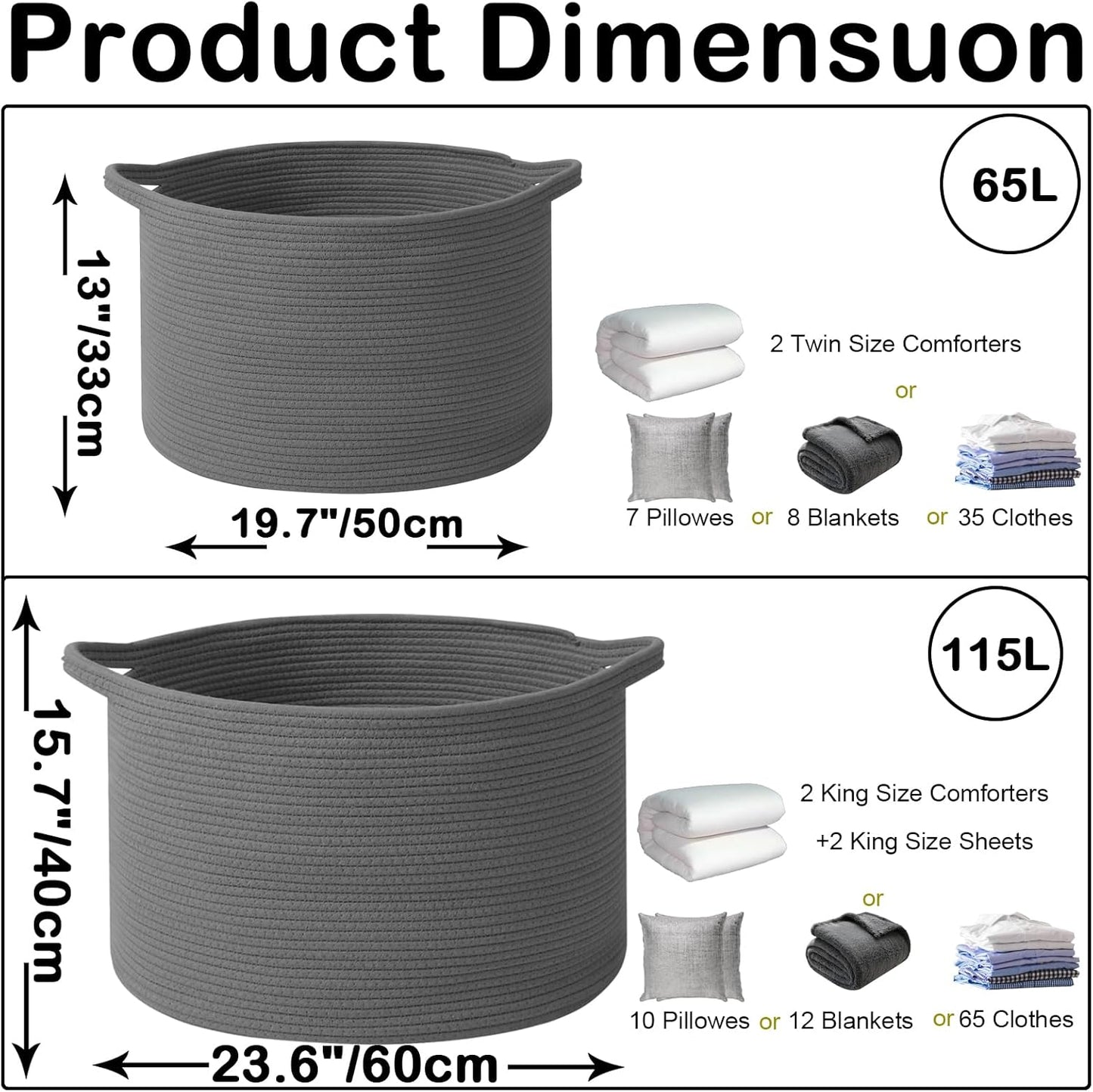 Large Blanket Basket for Organizing,115L Closet Organizers and Storage Bins Box for Shelves Woven Rope Storage Baskets,Living Room,Bedroom,Dorm,Laundry room (Dark Grey)