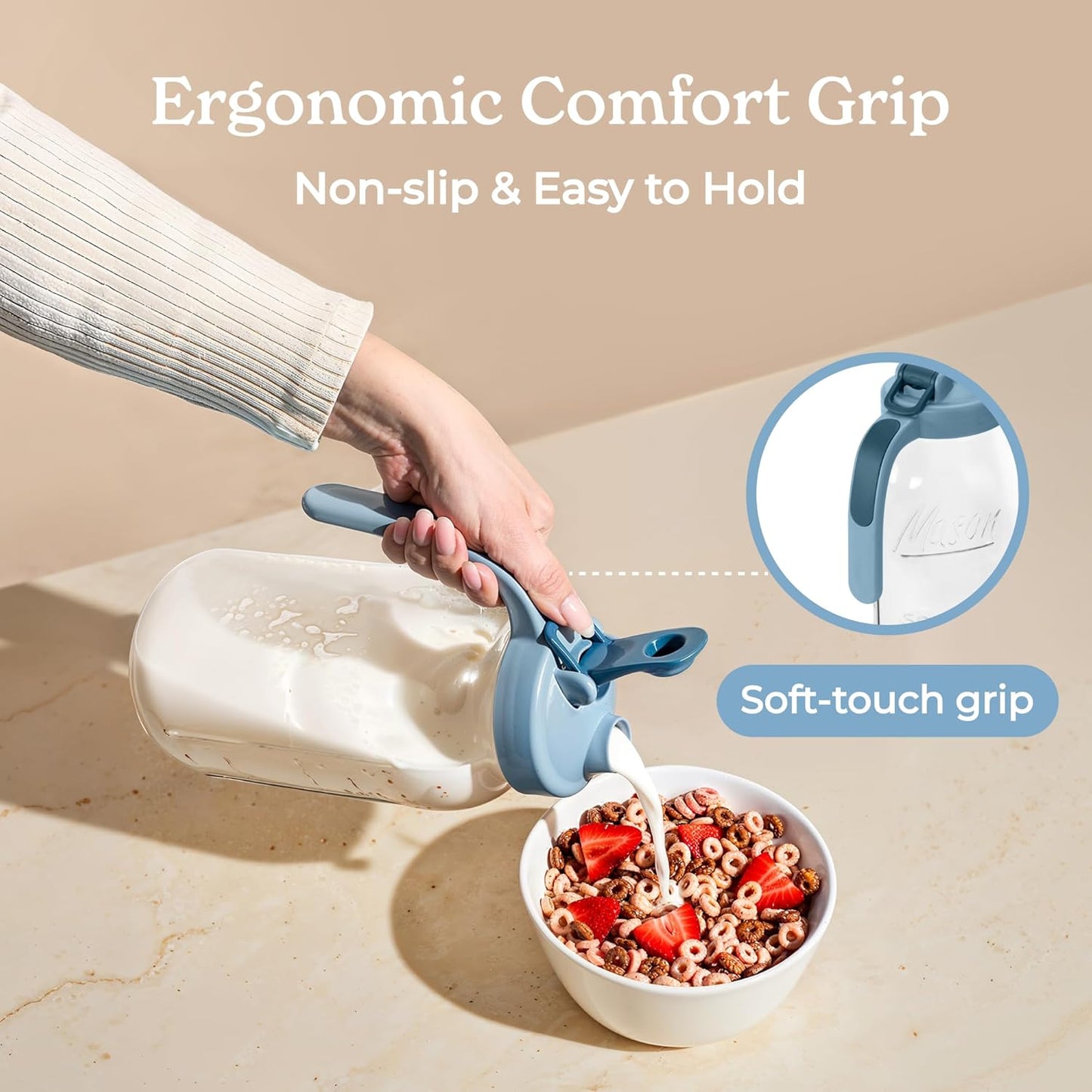 SMIRLY 64 oz Mason Jar Pitcher, Glass Pitcher with Wide Mouth, Water Jug with Double Leak Proof Lid for Iced Coffee, Hot Water, Breast Milk