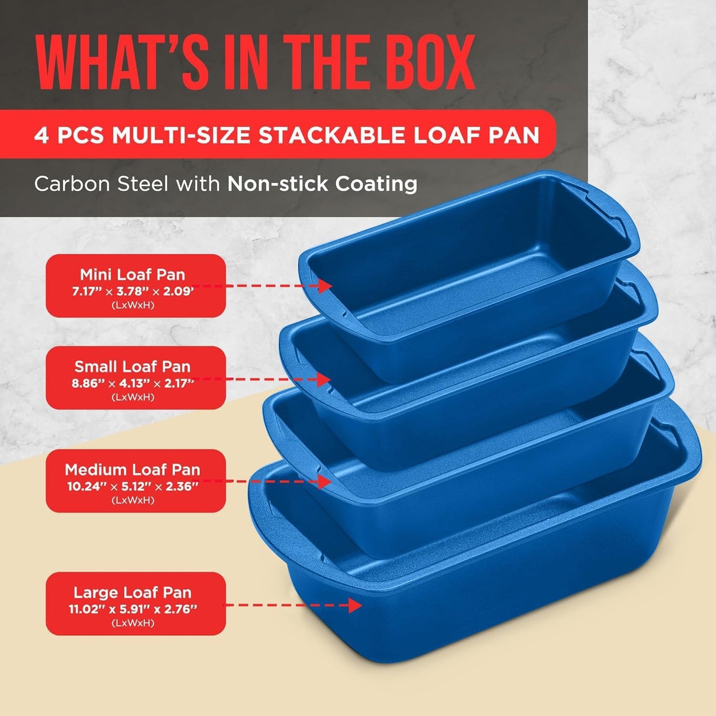 Nonstick Loaf Pan Set Pack of 4, 7" to 11" Large Baking Bread Pan, Oven Safe Up to 450°F, PFOA, PFOS, PTFE Free, Space Saving Stackable Design, Stain Resistant, Dishwasher Friendly, Blue Marble